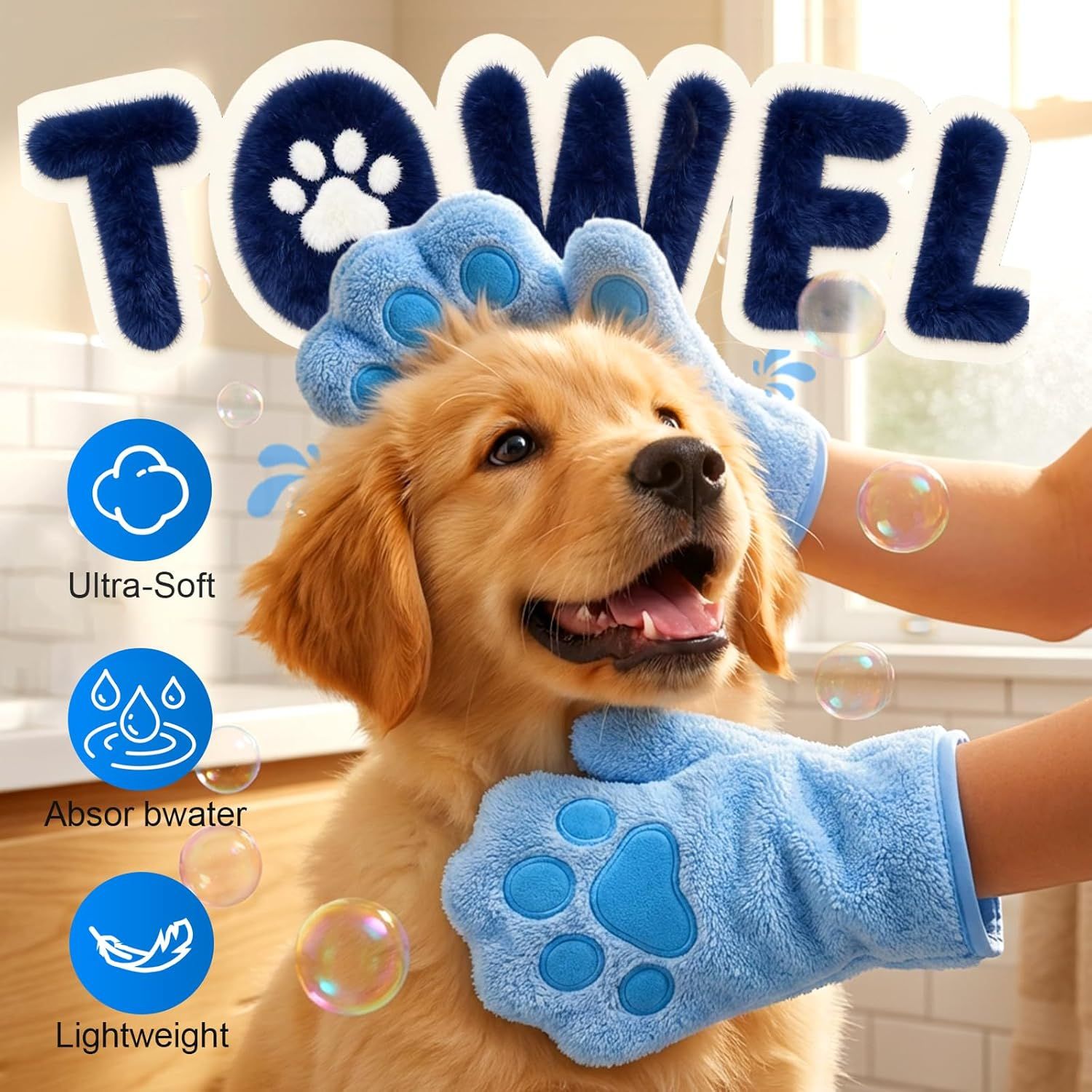 Paw Bathing Towel for Cats Puppy, Machine-Washable Reusable Pet Grooming Towel - Soft, Absorbent Quick-Dry Bath Mitt for Dirt Odor Removal, Daily Care & Travel (Blue) - Image 2