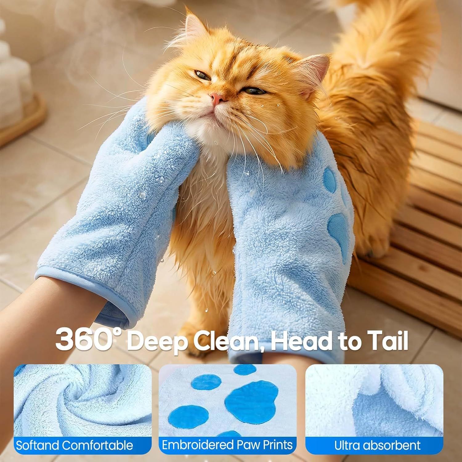 Paw Bathing Towel for Cats Puppy, Machine-Washable Reusable Pet Grooming Towel - Soft, Absorbent Quick-Dry Bath Mitt for Dirt Odor Removal, Daily Care & Travel (Blue) - Image 5
