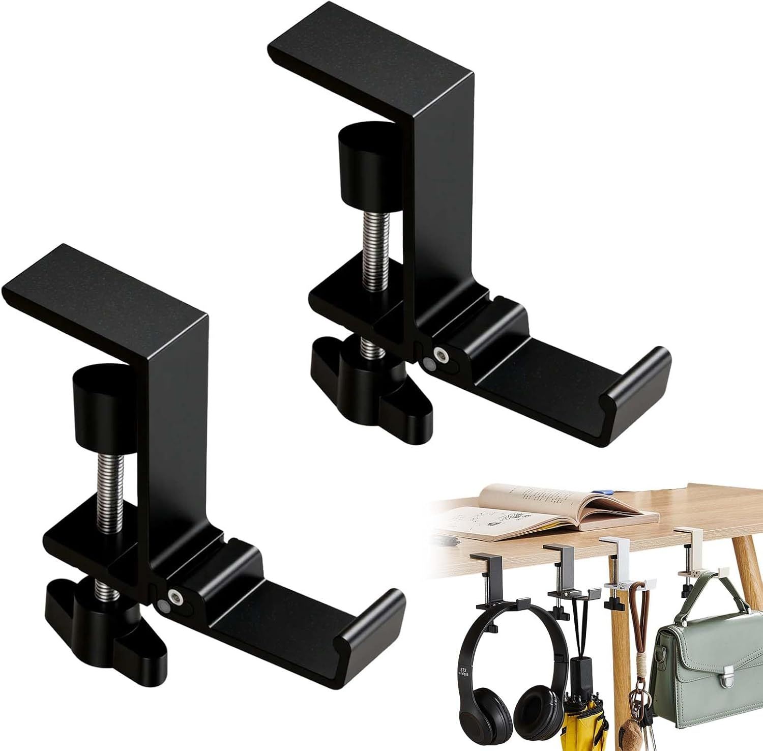 Headphone Stand, Purse Hook for Table, Foldable Space-Saving Headphone Bag Holder, Multifunctional Desk Hooks with Adjustable Clamp-On Design, Office, Dormitory, Home Accessories (black, 2pcs) - Image 1