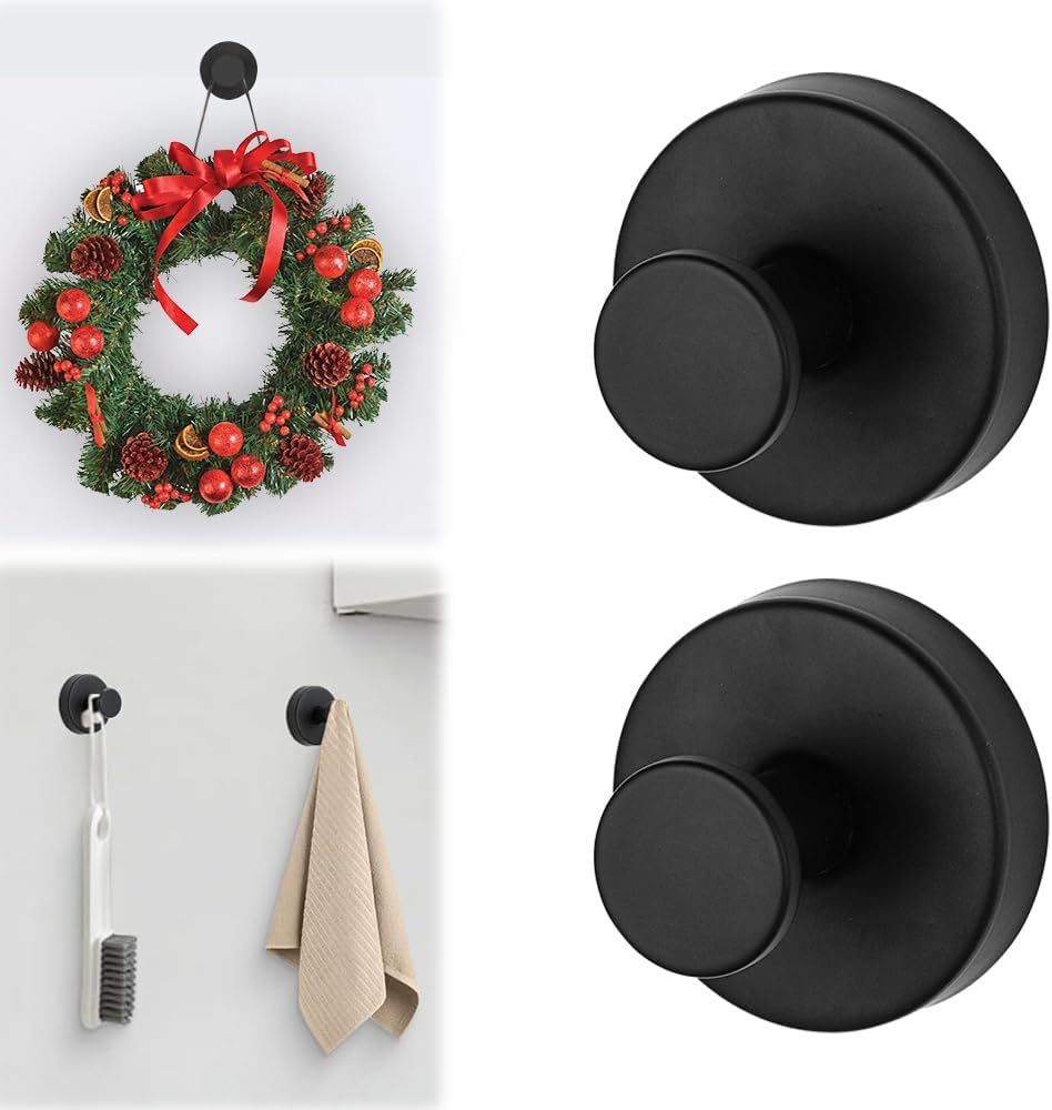 Suction Cup Hooks - 2025 Upgraded Stainless Steel Heavy Duty No Drill Hooks for Wreaths on Glass, Shower Towels & Front Door (2, Black) - Image 1