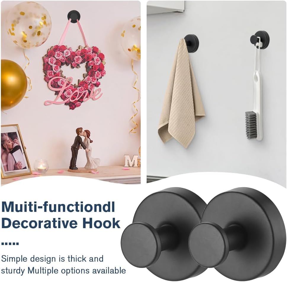 Suction Cup Hooks - 2025 Upgraded Stainless Steel Heavy Duty No Drill Hooks for Wreaths on Glass, Shower Towels & Front Door (2, Black) - Image 4