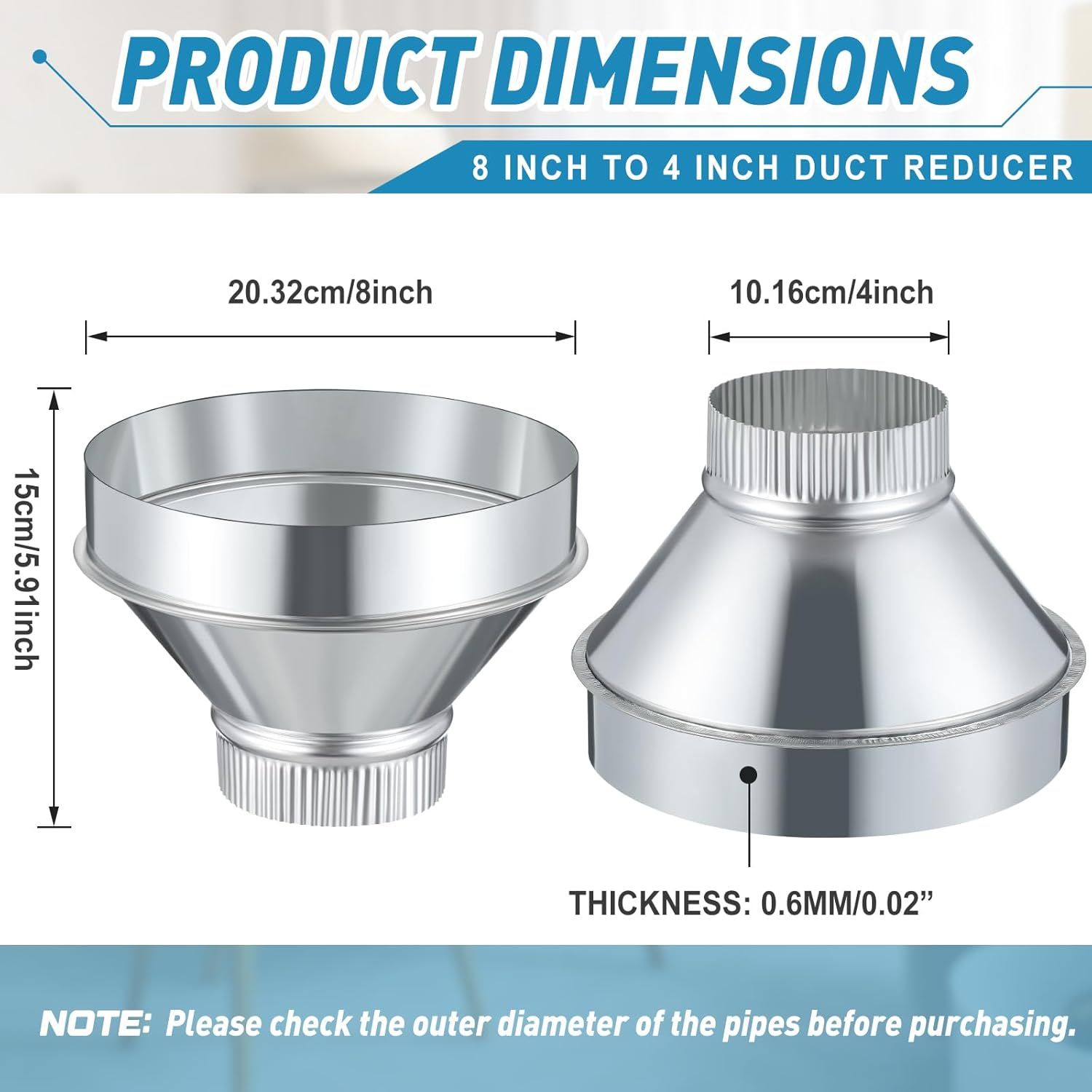 8 Inch to 4 Inch Duct Reducer Increaser Galvanized Steel Air Duct Adapter Round Crimped Pipe Connector Fitting Coupling for HVAC Ventilation Systems - Image 2