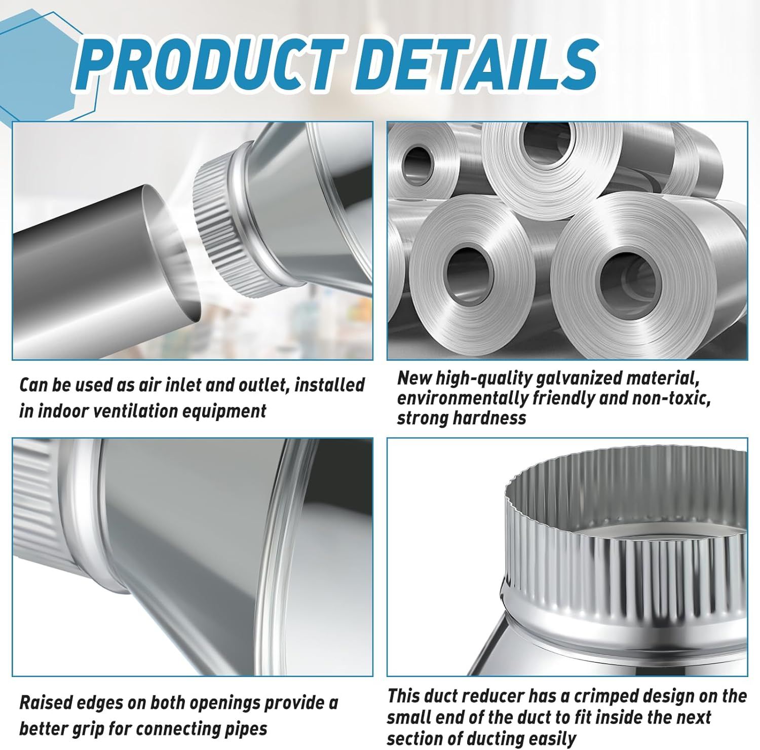 8 Inch to 4 Inch Duct Reducer Increaser Galvanized Steel Air Duct Adapter Round Crimped Pipe Connector Fitting Coupling for HVAC Ventilation Systems - Image 3