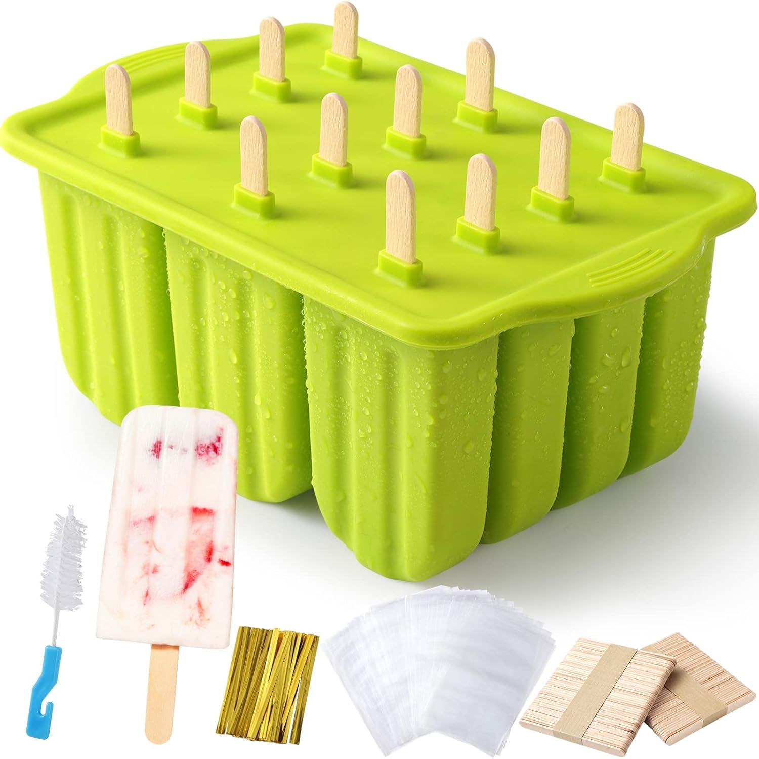 Popsicle Molds Silicone BPA-free,12 Pieces Popsicle Trays for Freezer,Homemade Ice Cream Popsicle Molds,Large Ice Pop Maker Set,Moldes Para Paletas,Ice Lolly Moulds with 100PCS Popsicle Sticks(Green) - Image 1