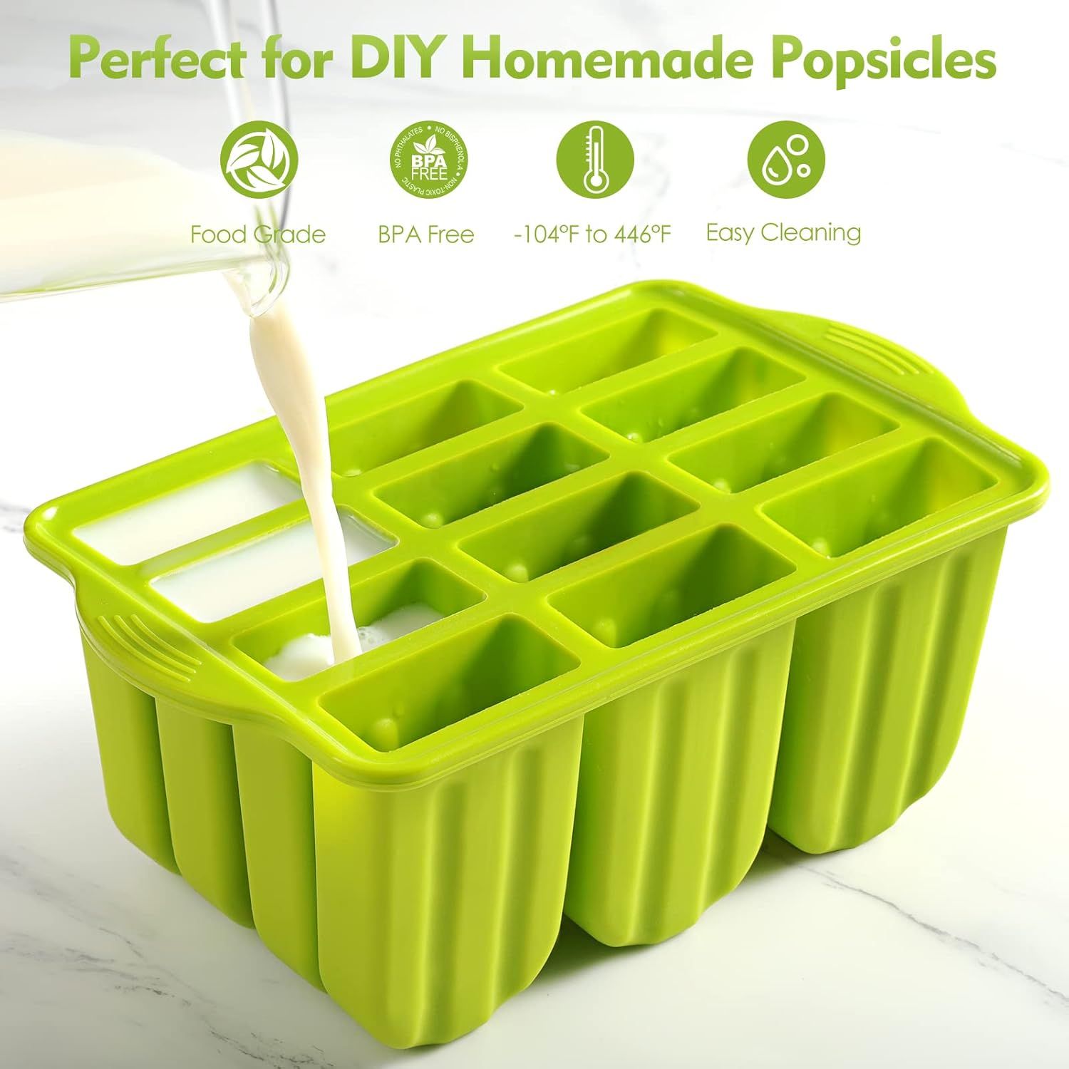 Popsicle Molds Silicone BPA-free,12 Pieces Popsicle Trays for Freezer,Homemade Ice Cream Popsicle Molds,Large Ice Pop Maker Set,Moldes Para Paletas,Ice Lolly Moulds with 100PCS Popsicle Sticks(Green) - Image 3