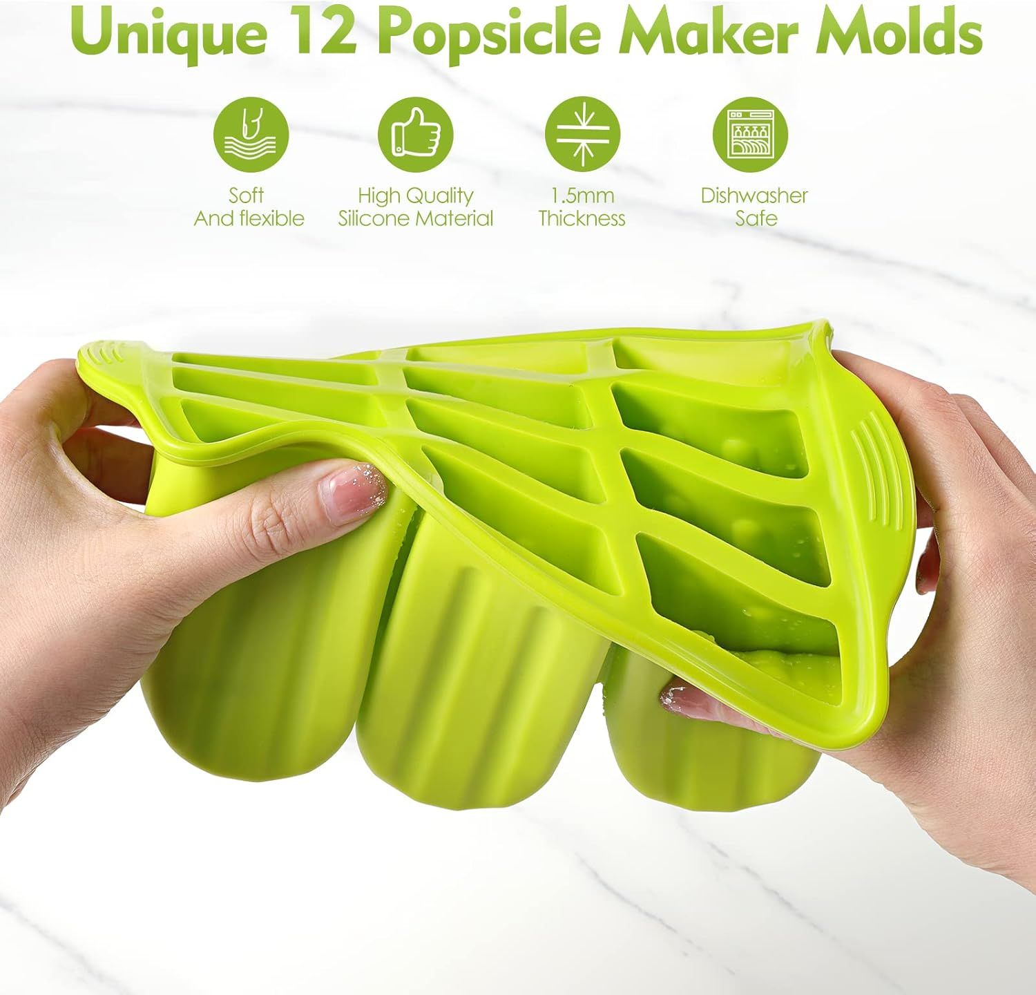 Popsicle Molds Silicone BPA-free,12 Pieces Popsicle Trays for Freezer,Homemade Ice Cream Popsicle Molds,Large Ice Pop Maker Set,Moldes Para Paletas,Ice Lolly Moulds with 100PCS Popsicle Sticks(Green) - Image 4