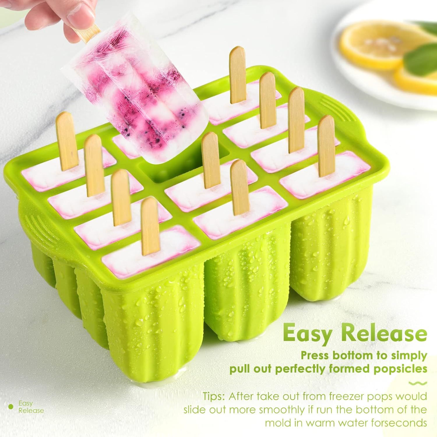 Popsicle Molds Silicone BPA-free,12 Pieces Popsicle Trays for Freezer,Homemade Ice Cream Popsicle Molds,Large Ice Pop Maker Set,Moldes Para Paletas,Ice Lolly Moulds with 100PCS Popsicle Sticks(Green) - Image 5