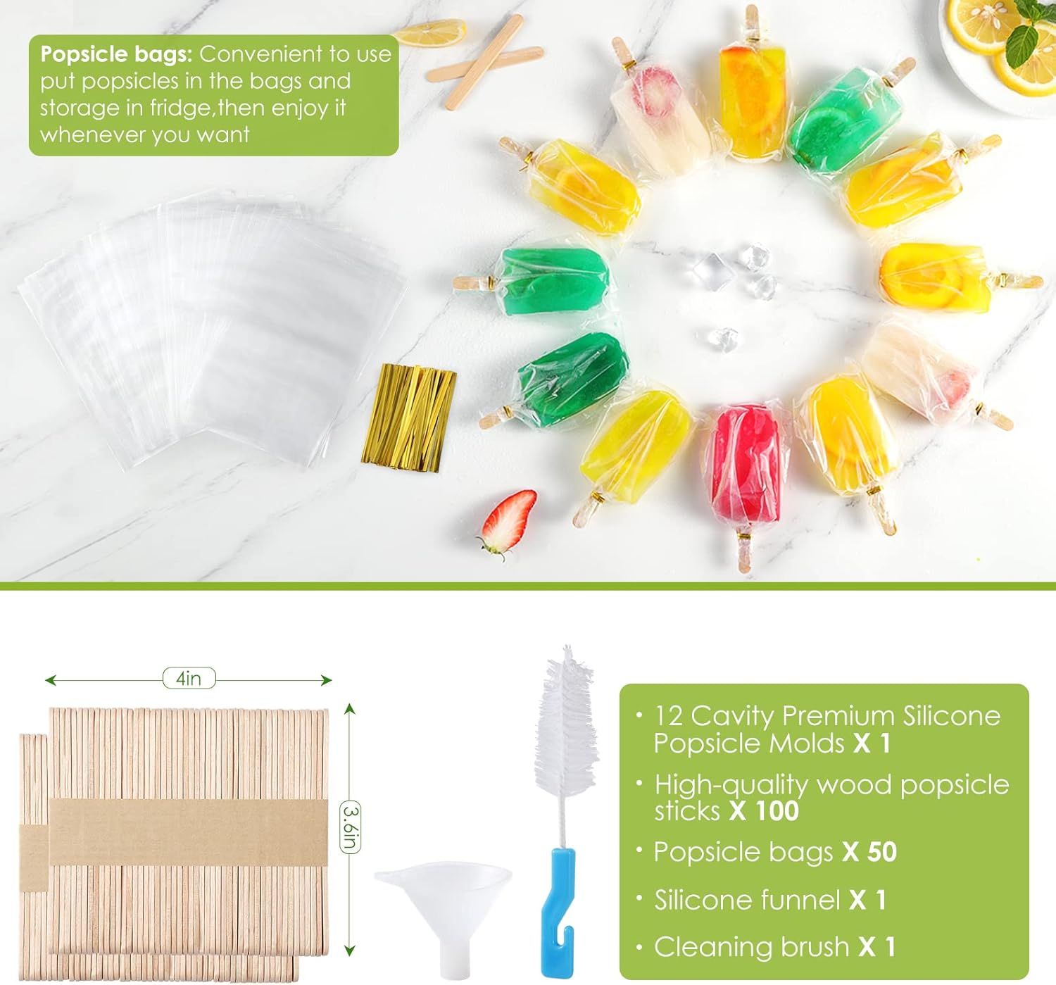 Popsicle Molds Silicone BPA-free,12 Pieces Popsicle Trays for Freezer,Homemade Ice Cream Popsicle Molds,Large Ice Pop Maker Set,Moldes Para Paletas,Ice Lolly Moulds with 100PCS Popsicle Sticks(Green) - Image 6
