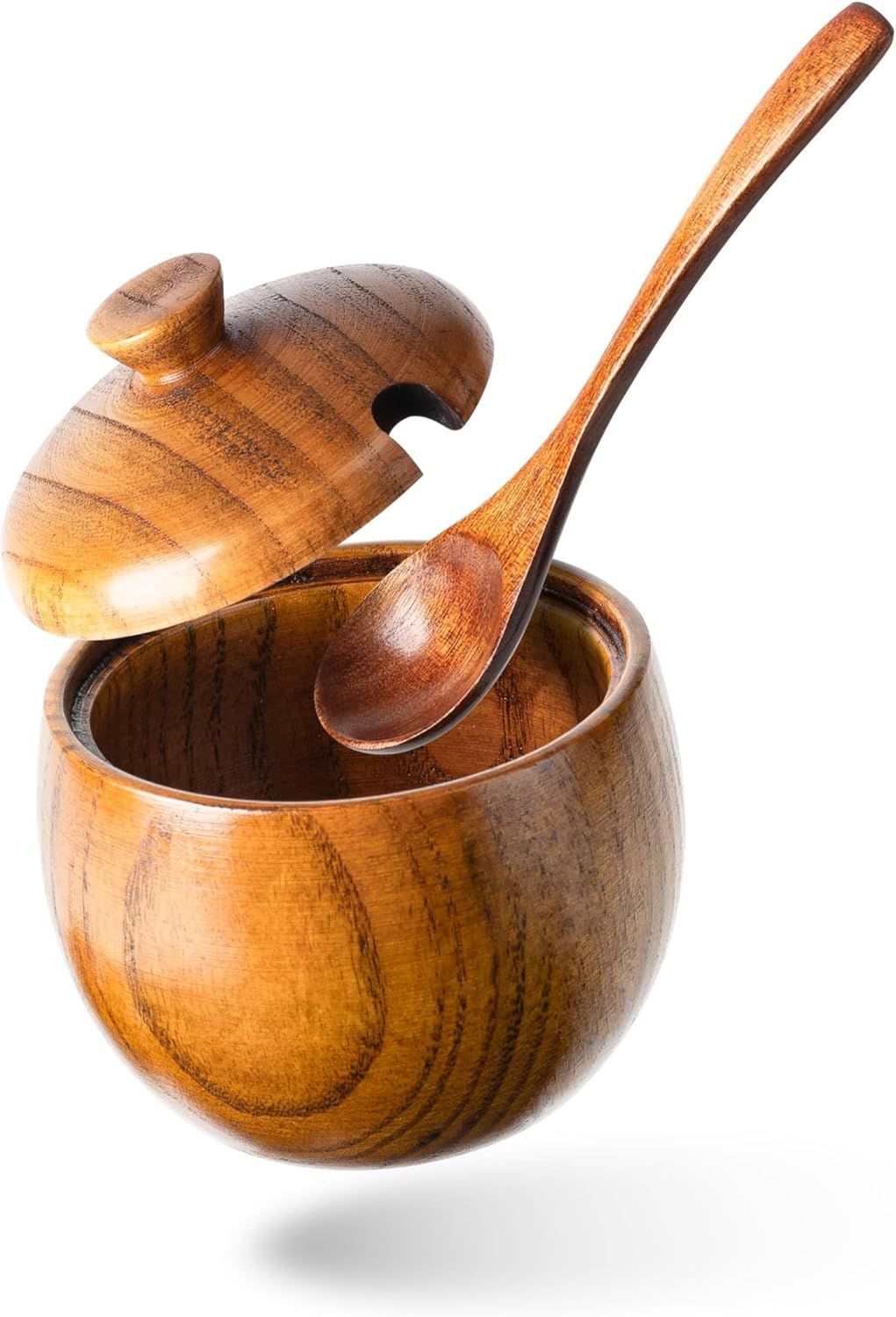 Jujube Wood Salt Container for Countertop, 6 Ounces Capacity Salt Cellar with Lid and Spoon, 3.3x3.5 inch Salt Box, Unique Salt Holder for Kitchen, Elegant Wooden Salt and Pepper Bowl - Image 1