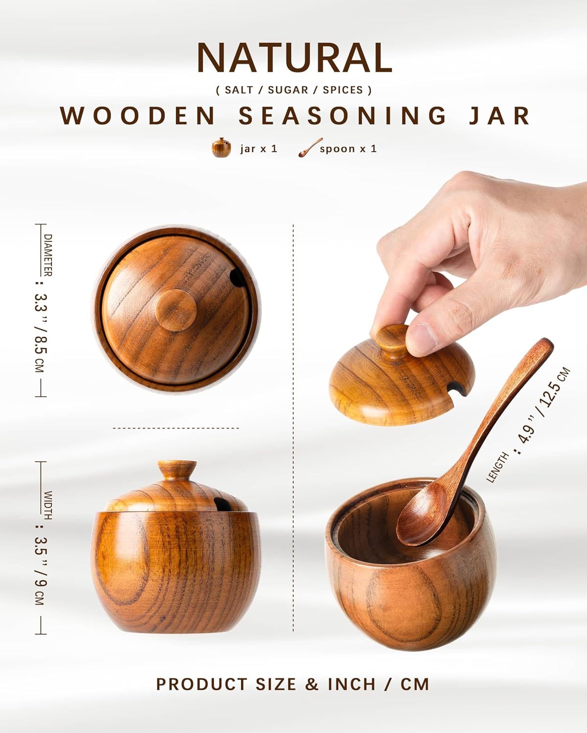 Jujube Wood Salt Container for Countertop, 6 Ounces Capacity Salt Cellar with Lid and Spoon, 3.3x3.5 inch Salt Box, Unique Salt Holder for Kitchen, Elegant Wooden Salt and Pepper Bowl - Image 2