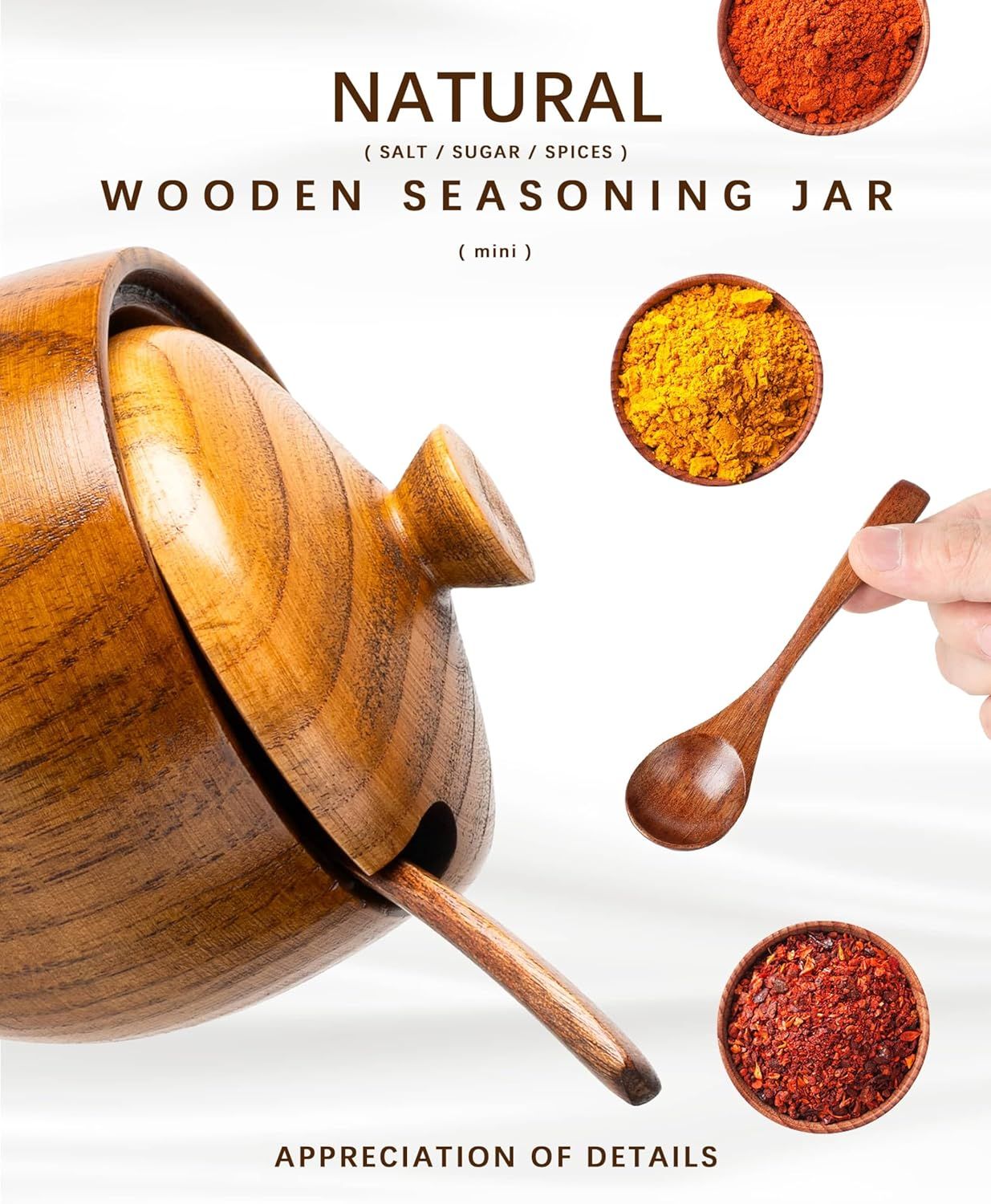 Jujube Wood Salt Container for Countertop, 6 Ounces Capacity Salt Cellar with Lid and Spoon, 3.3x3.5 inch Salt Box, Unique Salt Holder for Kitchen, Elegant Wooden Salt and Pepper Bowl - Image 3