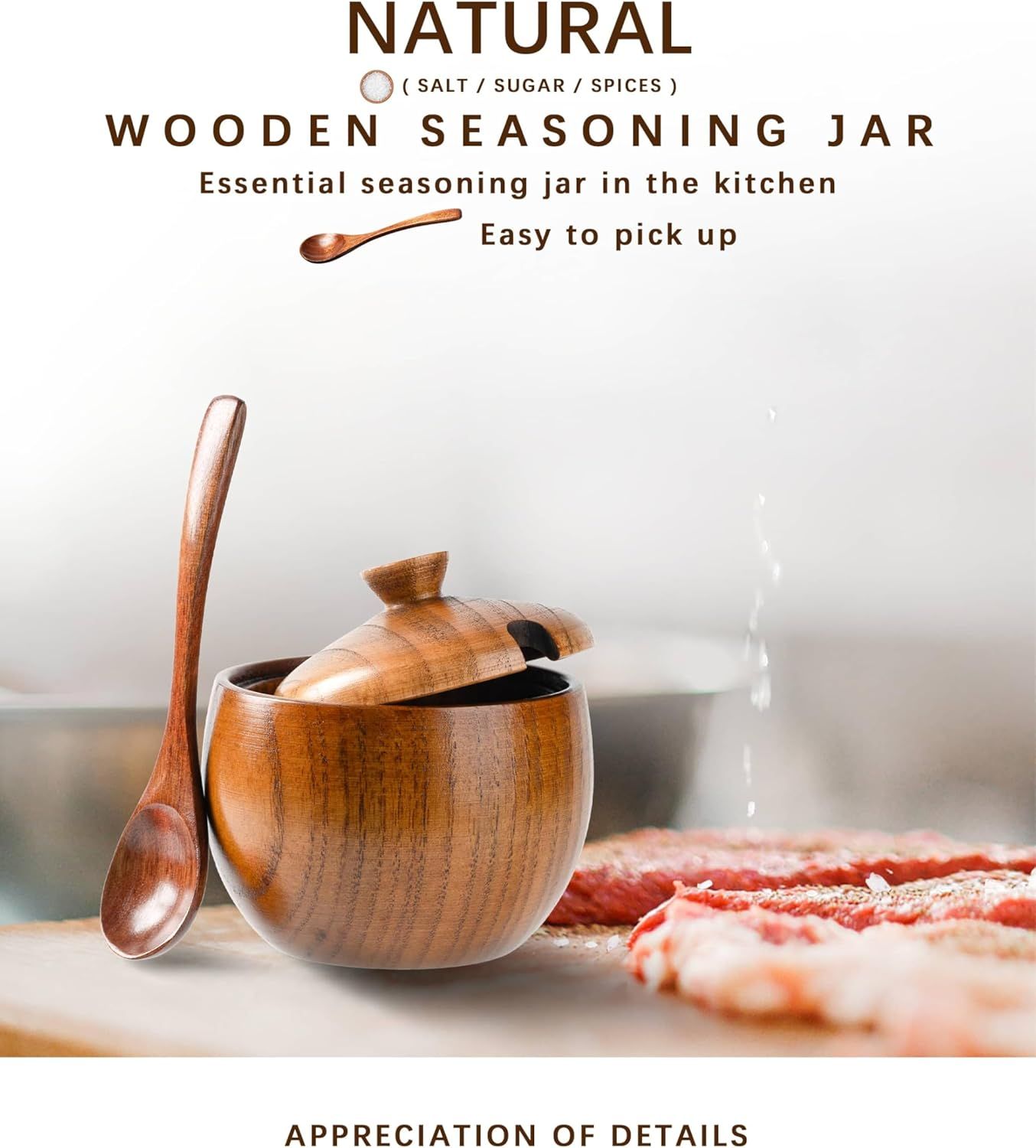 Jujube Wood Salt Container for Countertop, 6 Ounces Capacity Salt Cellar with Lid and Spoon, 3.3x3.5 inch Salt Box, Unique Salt Holder for Kitchen, Elegant Wooden Salt and Pepper Bowl - Image 4