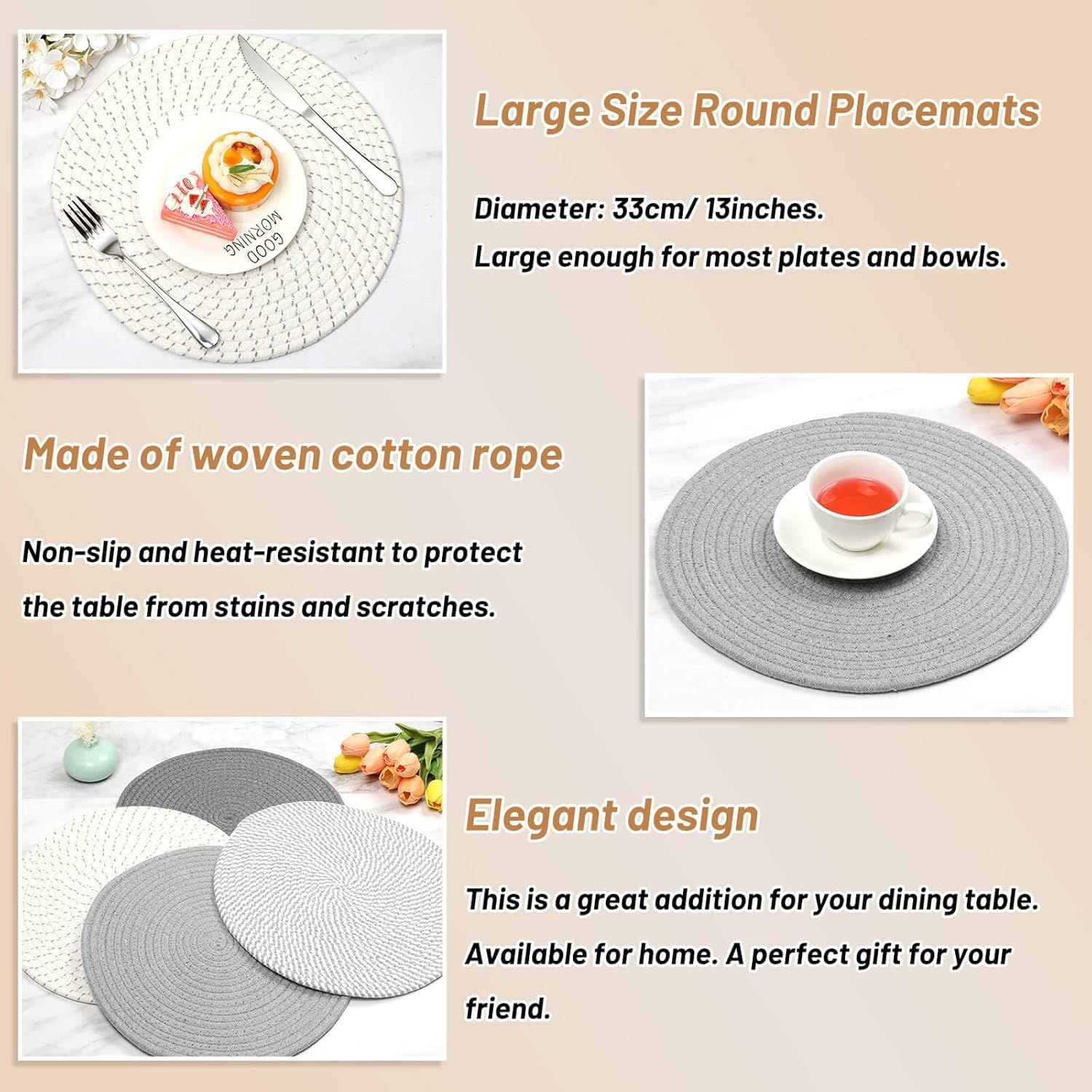 Round Woven Placemats Set of 4, 13 Inches Kitchen Table Place Mats for Dining Table, Trivets for Hot Pots and Pans, Boho Table Decorations for Table Setting, Tabletop Accessories - Image 4