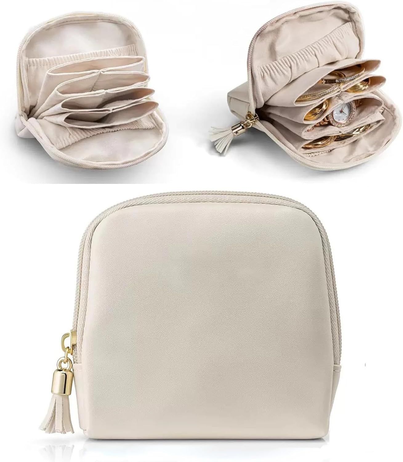 Leather Jewelry Organizer Pouch with Compartments, Travel Jewelry Case Portable Small Box for Necklace Bracelet Earring (Beige) - Image 1