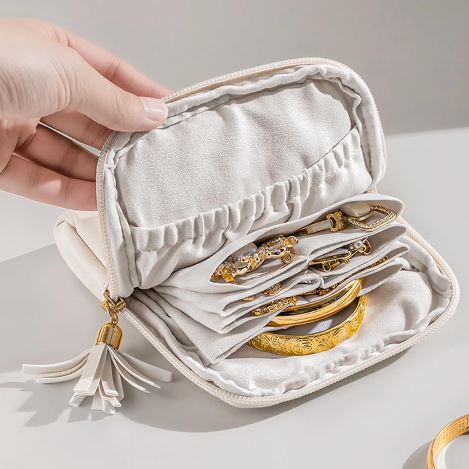 Leather Jewelry Organizer Pouch with Compartments, Travel Jewelry Case Portable Small Box for Necklace Bracelet Earring (Beige) - Image 2