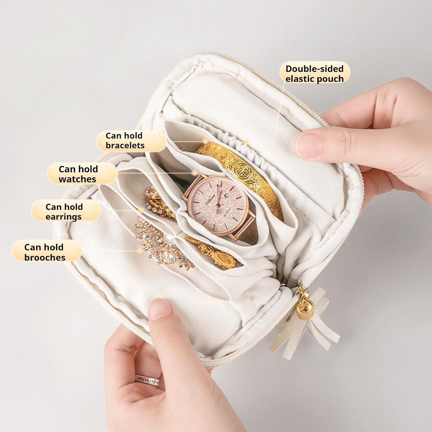 Leather Jewelry Organizer Pouch with Compartments, Travel Jewelry Case Portable Small Box for Necklace Bracelet Earring (Beige) - Image 4