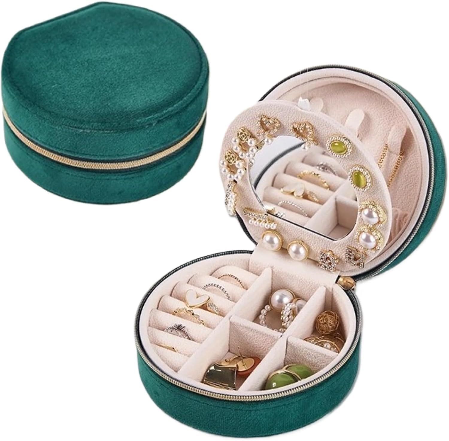 Small Portable Jewelry Box with Mirror for Travel, Luxury 3 Layers Jewelry Organizer Compact Case for Necklace Earring (Green Round) - Image 1