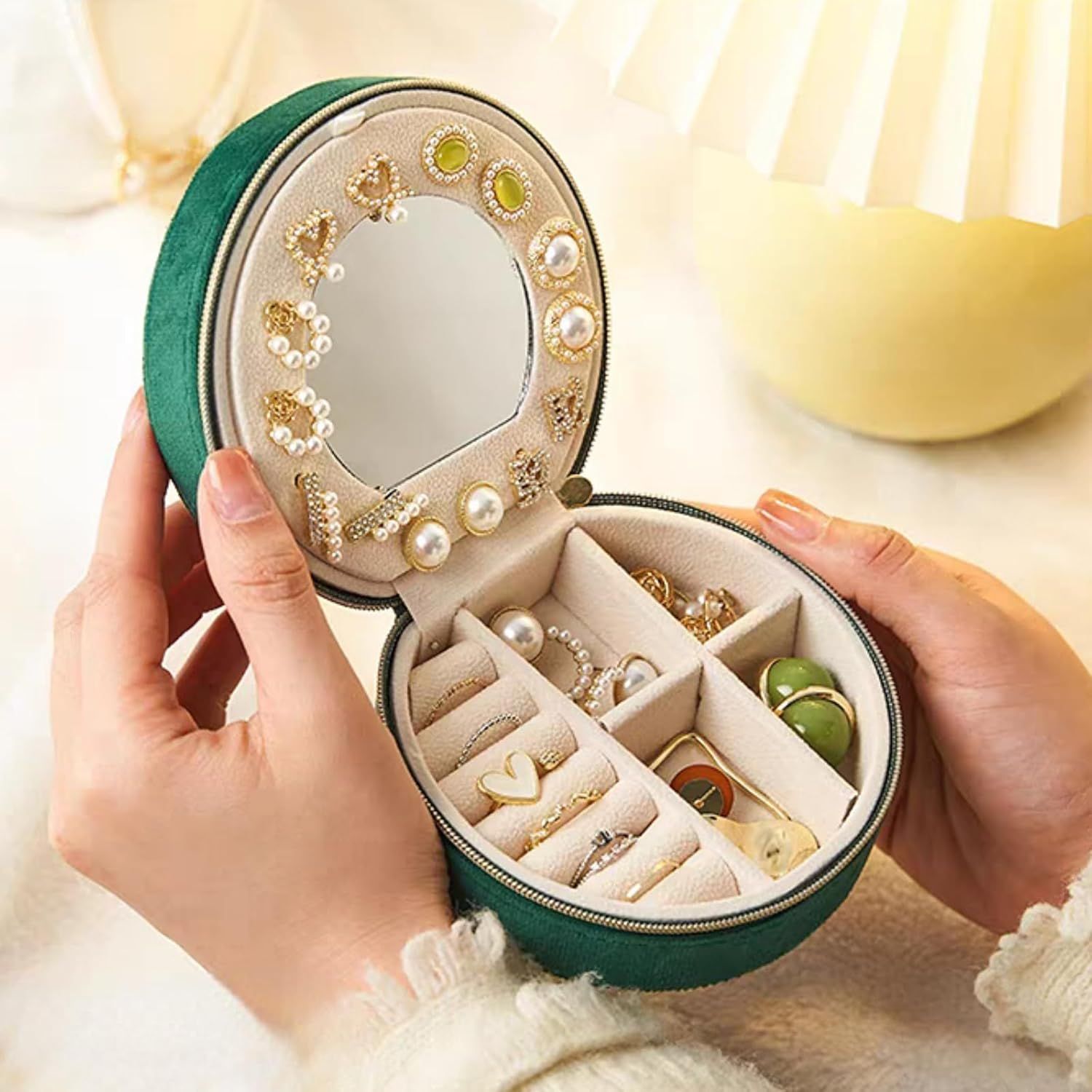 Small Portable Jewelry Box with Mirror for Travel, Luxury 3 Layers Jewelry Organizer Compact Case for Necklace Earring (Green Round) - Image 2