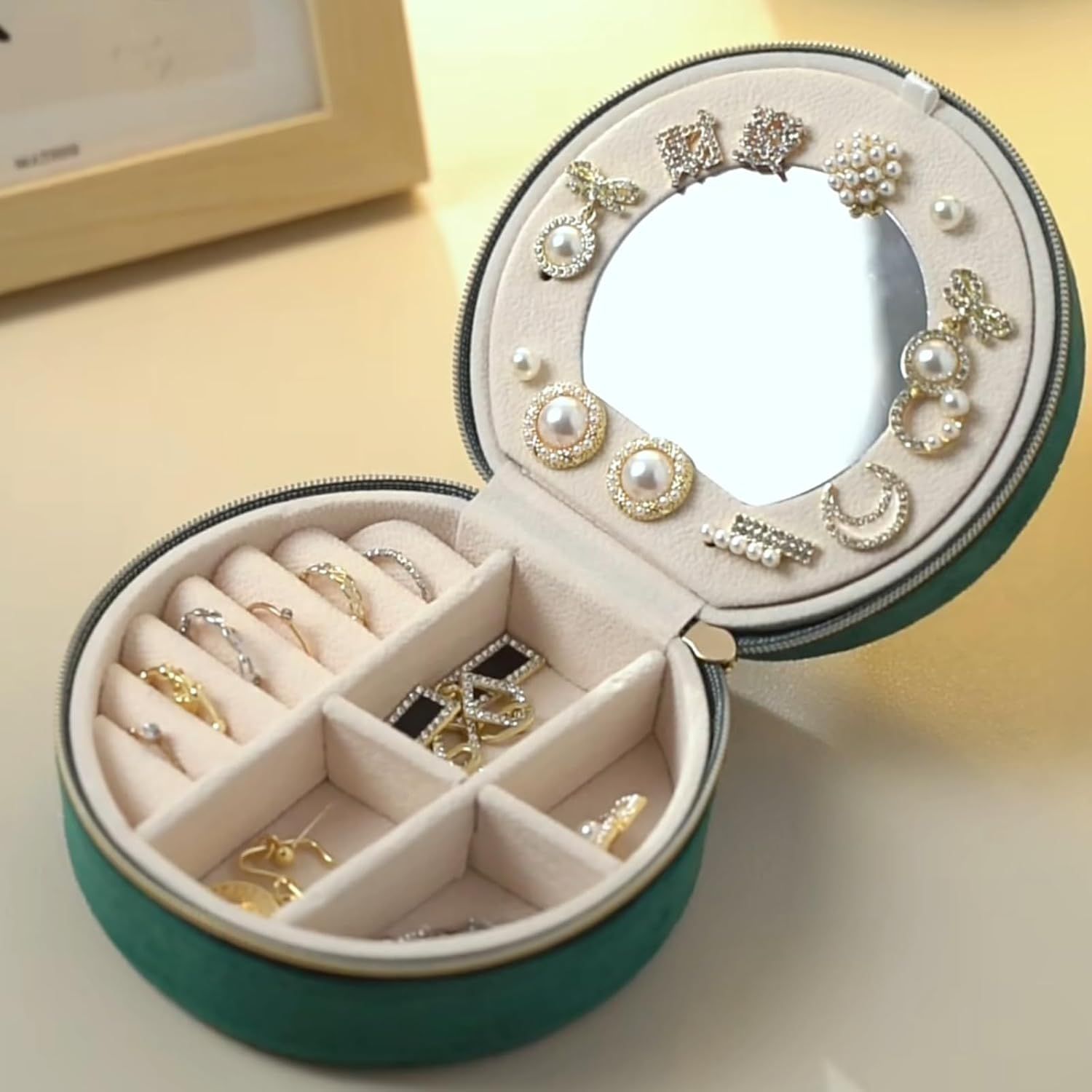 Small Portable Jewelry Box with Mirror for Travel, Luxury 3 Layers Jewelry Organizer Compact Case for Necklace Earring (Green Round) - Image 3