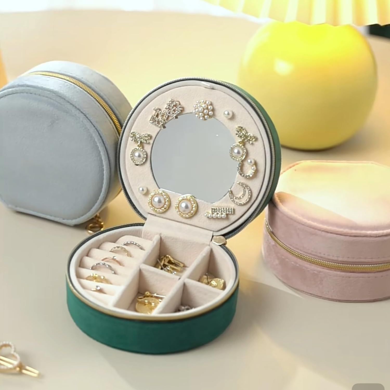 Small Portable Jewelry Box with Mirror for Travel, Luxury 3 Layers Jewelry Organizer Compact Case for Necklace Earring (Green Round) - Image 5