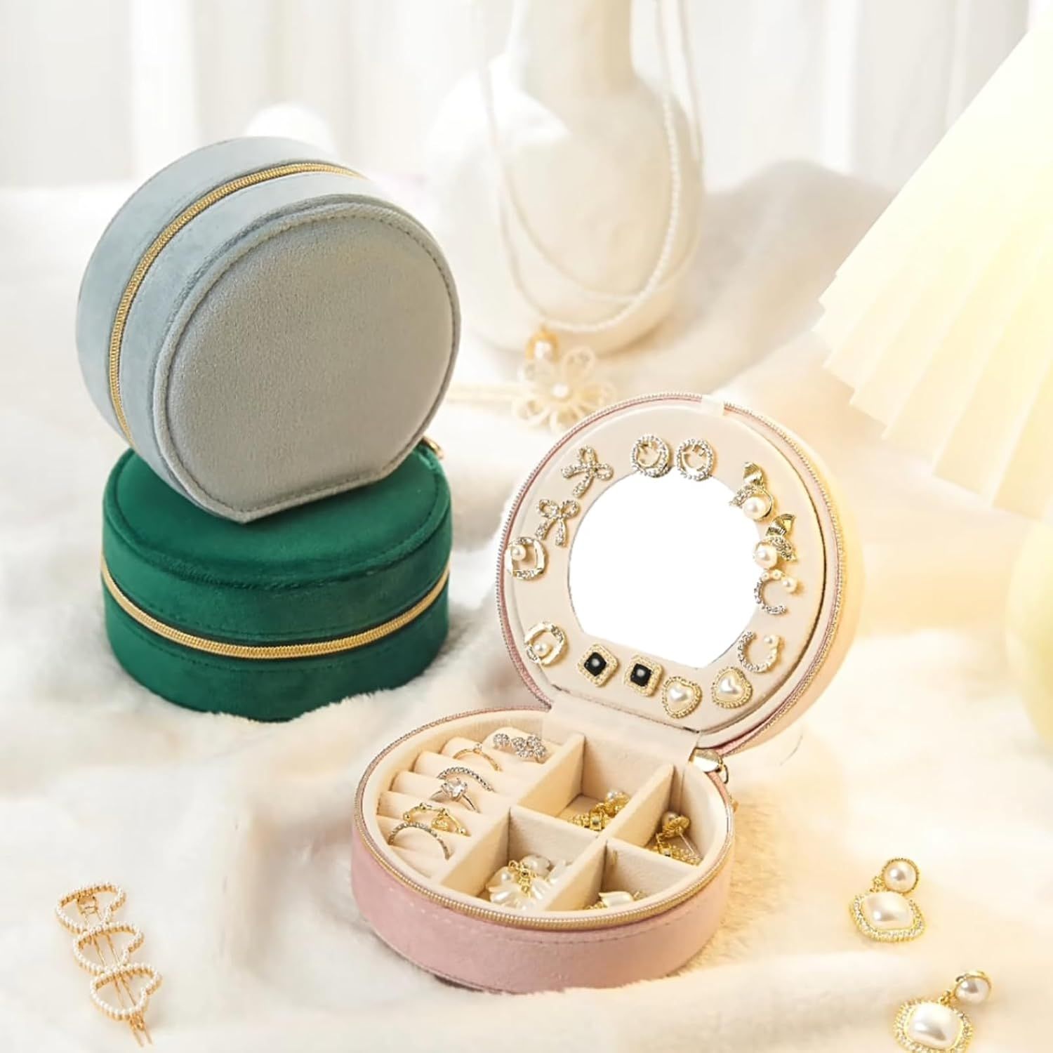 Small Portable Jewelry Box with Mirror for Travel, Luxury 3 Layers Jewelry Organizer Compact Case for Necklace Earring (Green Round) - Image 6