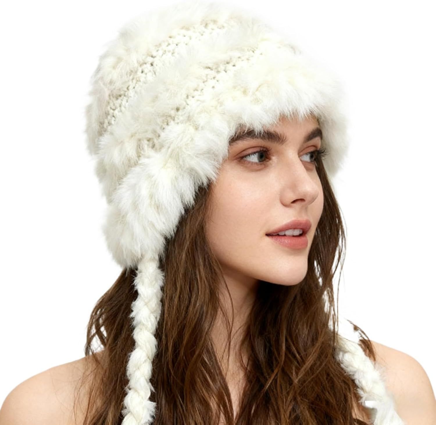 Women's Thick Rabbit Fur Knit Beanie Hat with Nordic Braids for Winter Warm, Ear Protection Thermal Headwear - Image 1