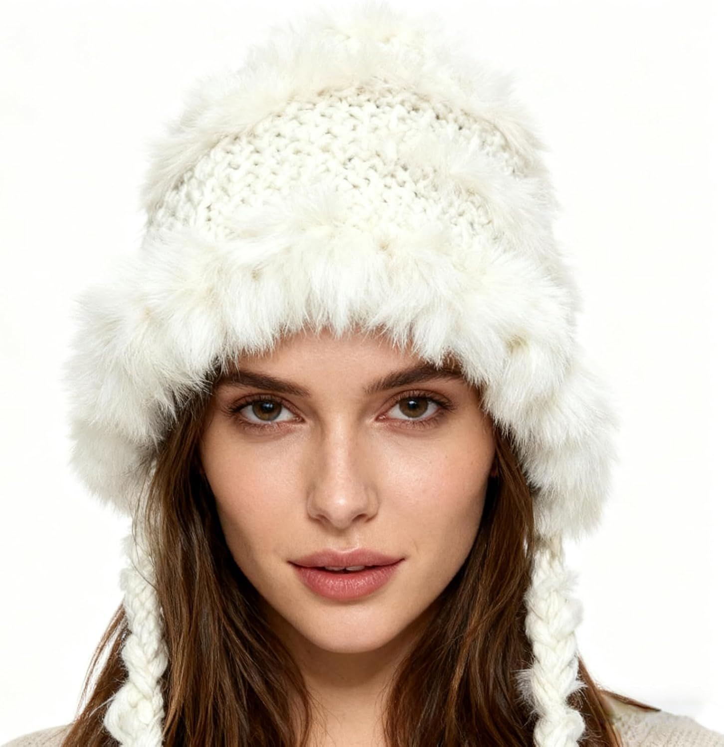 Women's Thick Rabbit Fur Knit Beanie Hat with Nordic Braids for Winter Warm, Ear Protection Thermal Headwear - Image 2