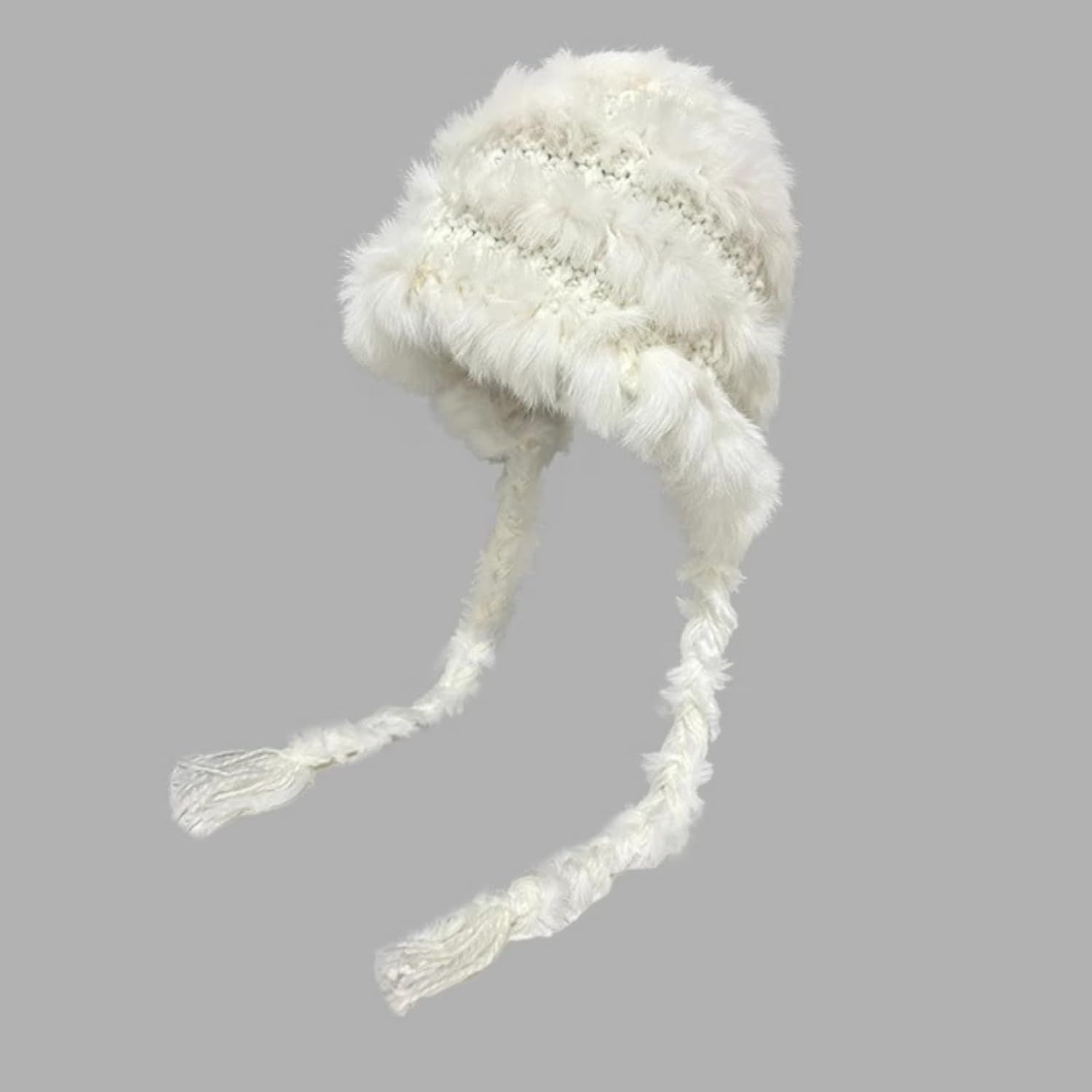 Women's Thick Rabbit Fur Knit Beanie Hat with Nordic Braids for Winter Warm, Ear Protection Thermal Headwear - Image 3