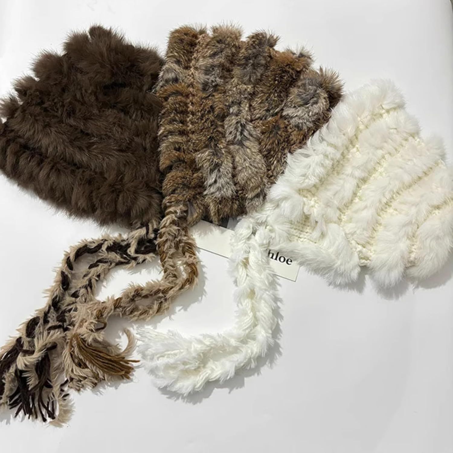 Women's Thick Rabbit Fur Knit Beanie Hat with Nordic Braids for Winter Warm, Ear Protection Thermal Headwear - Image 4