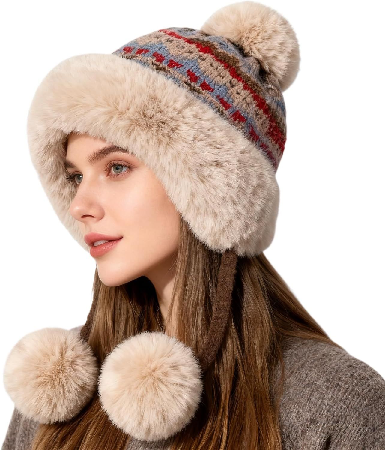 Women's Knit Bobble Hat with Fleece Lining Plush Pom Pom, Warm Winter Thermal Beanie Cute Ear Protection Cap - Image 1