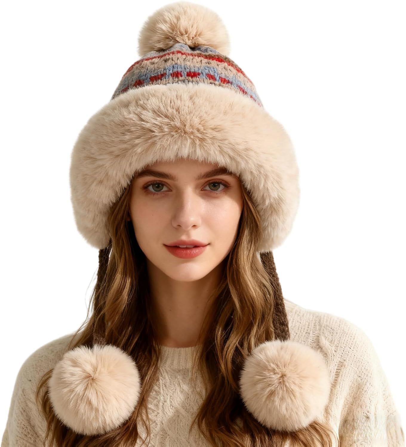 Women's Knit Bobble Hat with Fleece Lining Plush Pom Pom, Warm Winter Thermal Beanie Cute Ear Protection Cap - Image 2