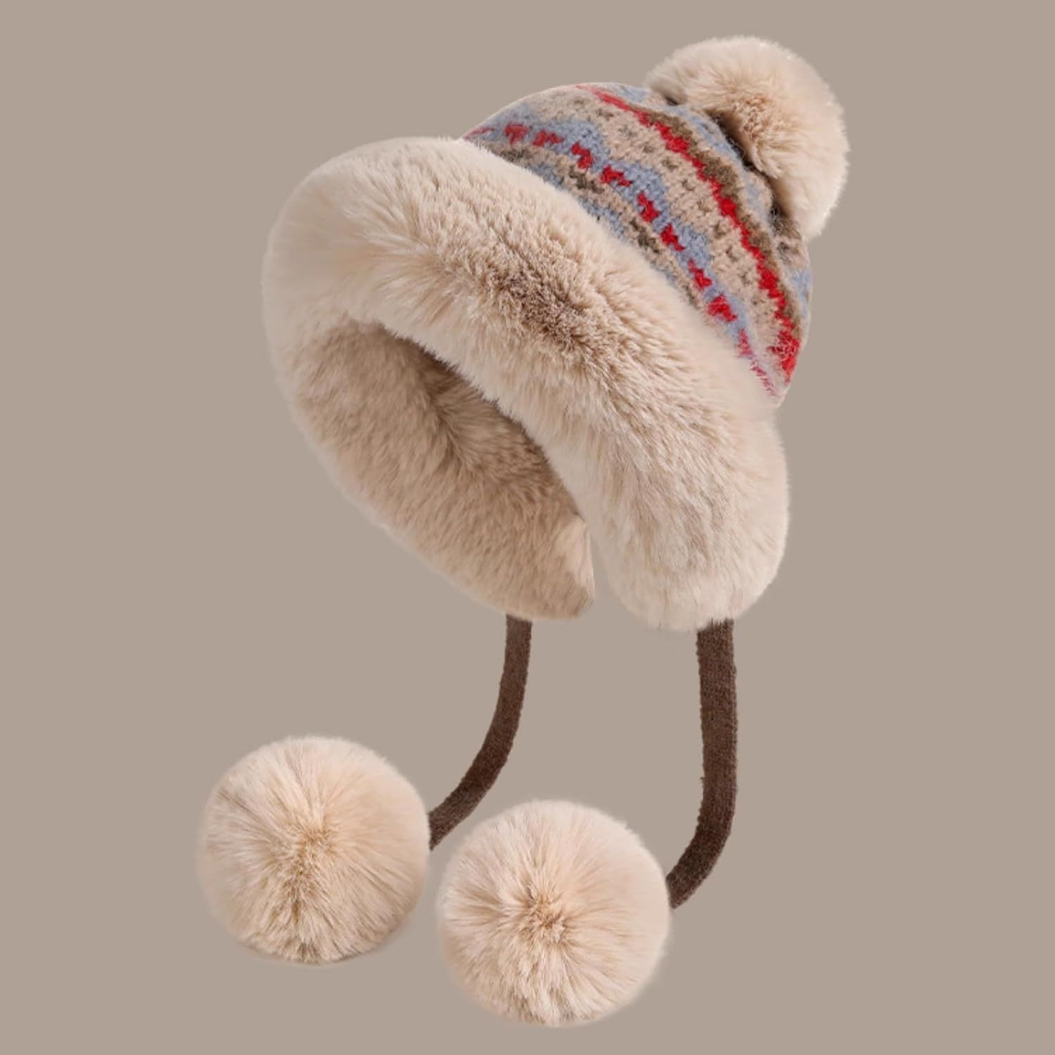 Women's Knit Bobble Hat with Fleece Lining Plush Pom Pom, Warm Winter Thermal Beanie Cute Ear Protection Cap - Image 3