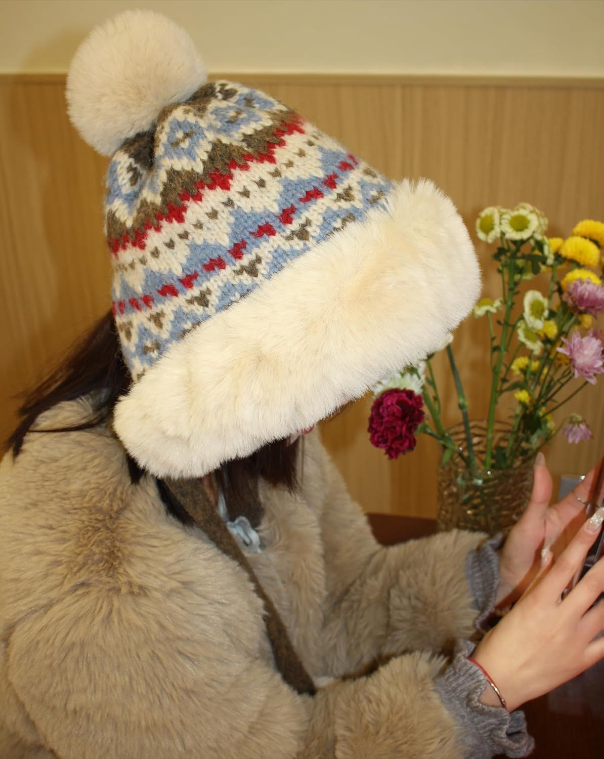 Women's Knit Bobble Hat with Fleece Lining Plush Pom Pom, Warm Winter Thermal Beanie Cute Ear Protection Cap - Image 6