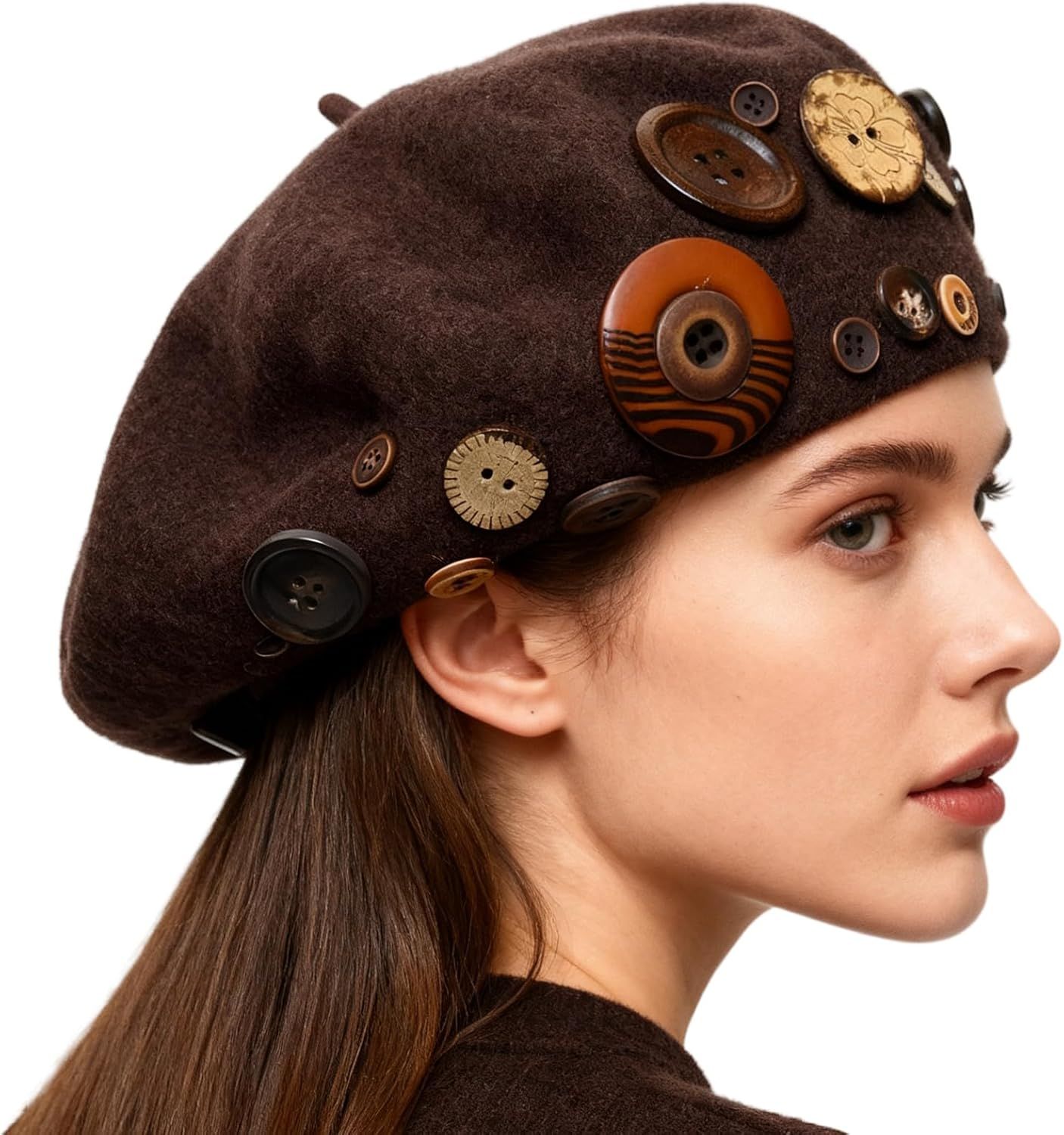 Women's Wool Blend Felt Beret Hat with Retro Button Detail, Fall Winter Fashion Artistic Cap Korean Style - Image 1