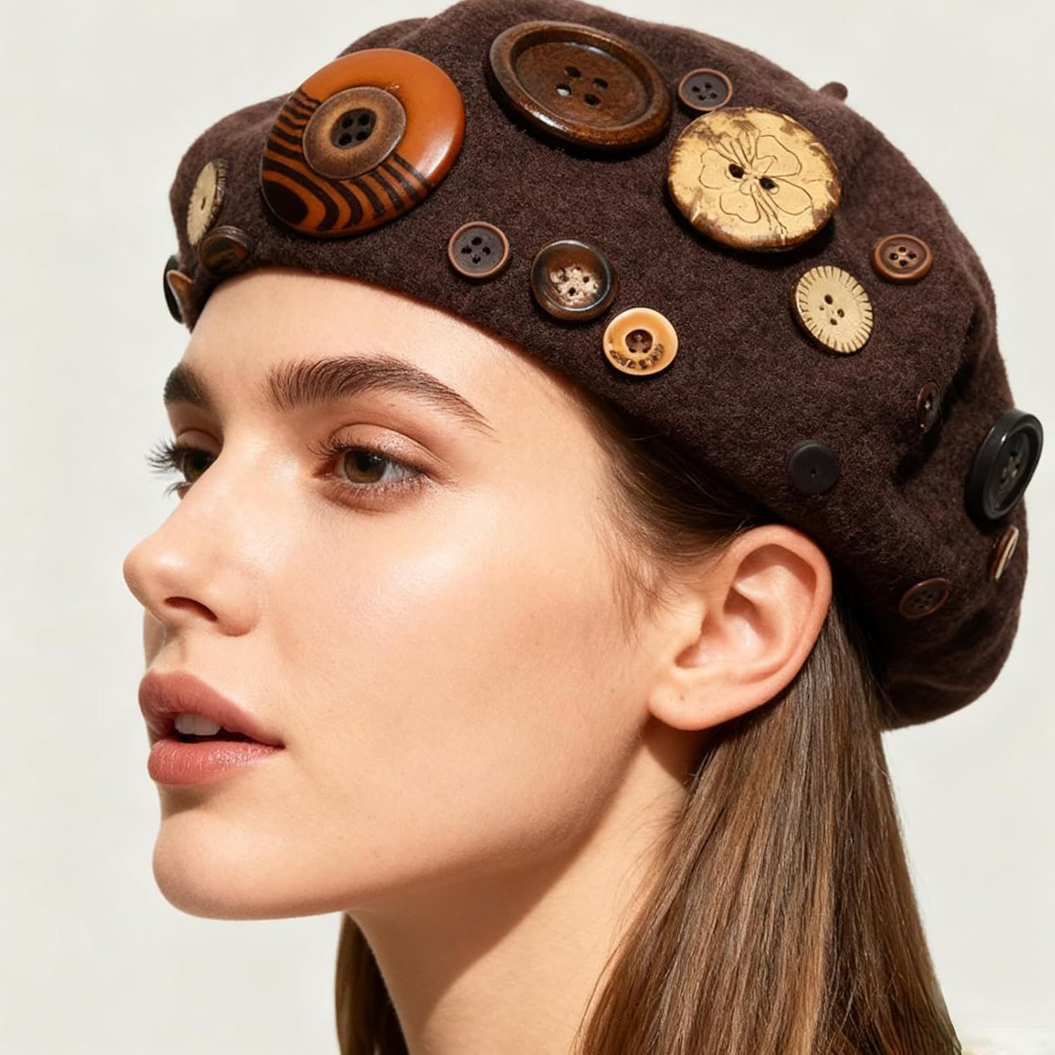 Women's Wool Blend Felt Beret Hat with Retro Button Detail, Fall Winter Fashion Artistic Cap Korean Style - Image 2