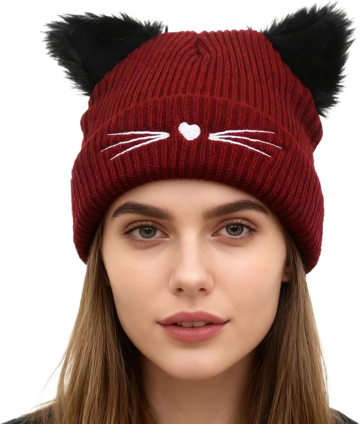 Knit Beanie with Cute Plush Cat Ear Embroidery for Women Girls, Winter Thick Warm Hats Fashion Accessory - Image 1