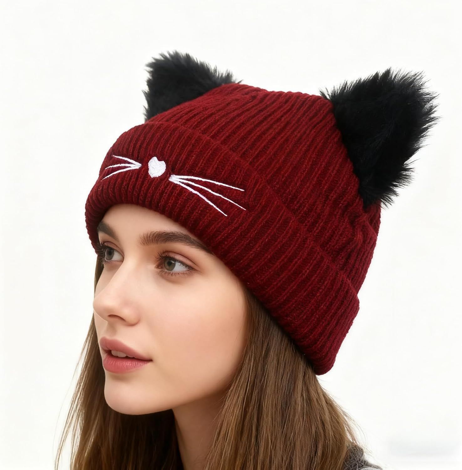 Knit Beanie with Cute Plush Cat Ear Embroidery for Women Girls, Winter Thick Warm Hats Fashion Accessory - Image 2