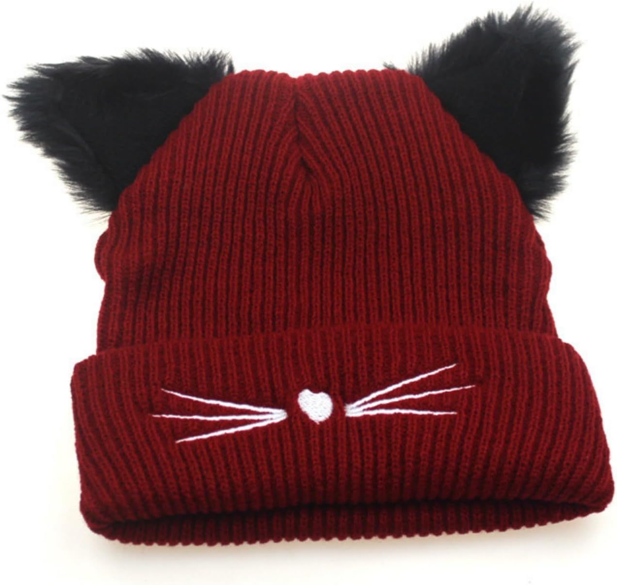Knit Beanie with Cute Plush Cat Ear Embroidery for Women Girls, Winter Thick Warm Hats Fashion Accessory - Image 3