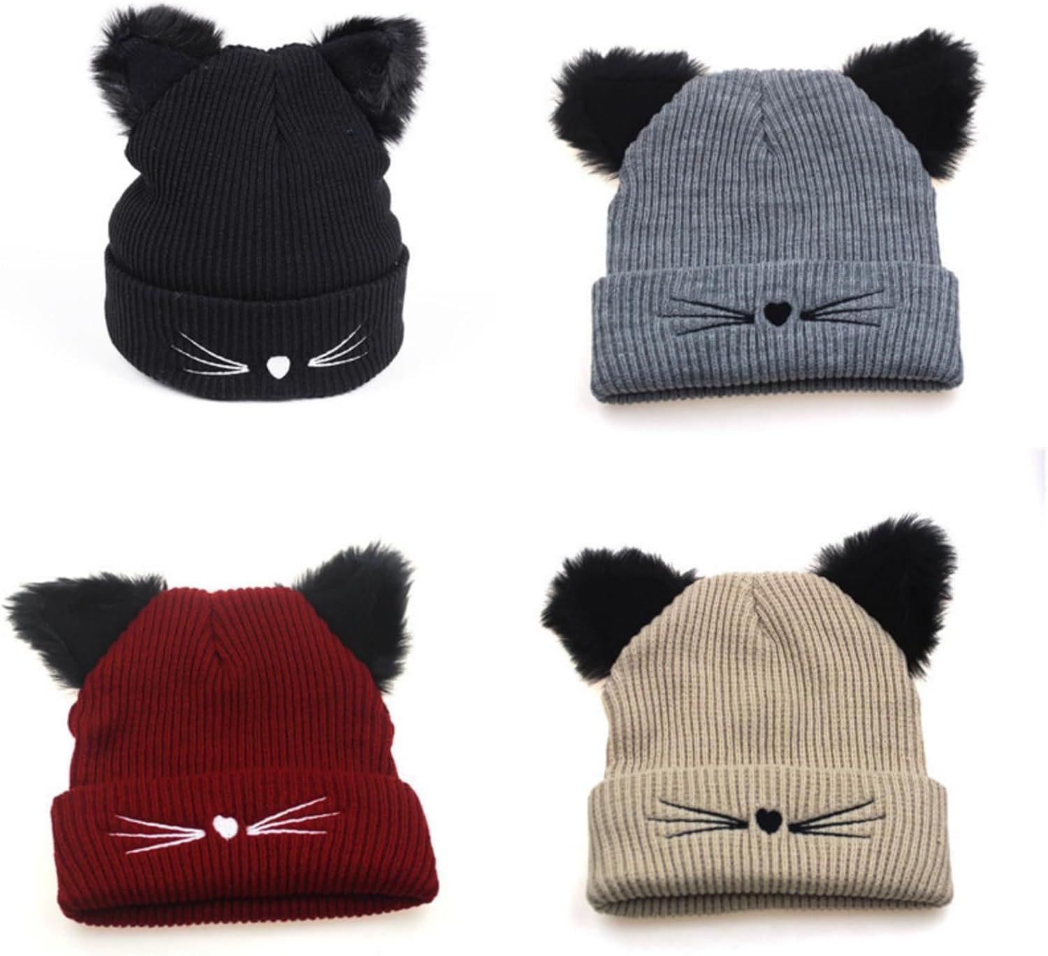 Knit Beanie with Cute Plush Cat Ear Embroidery for Women Girls, Winter Thick Warm Hats Fashion Accessory - Image 4