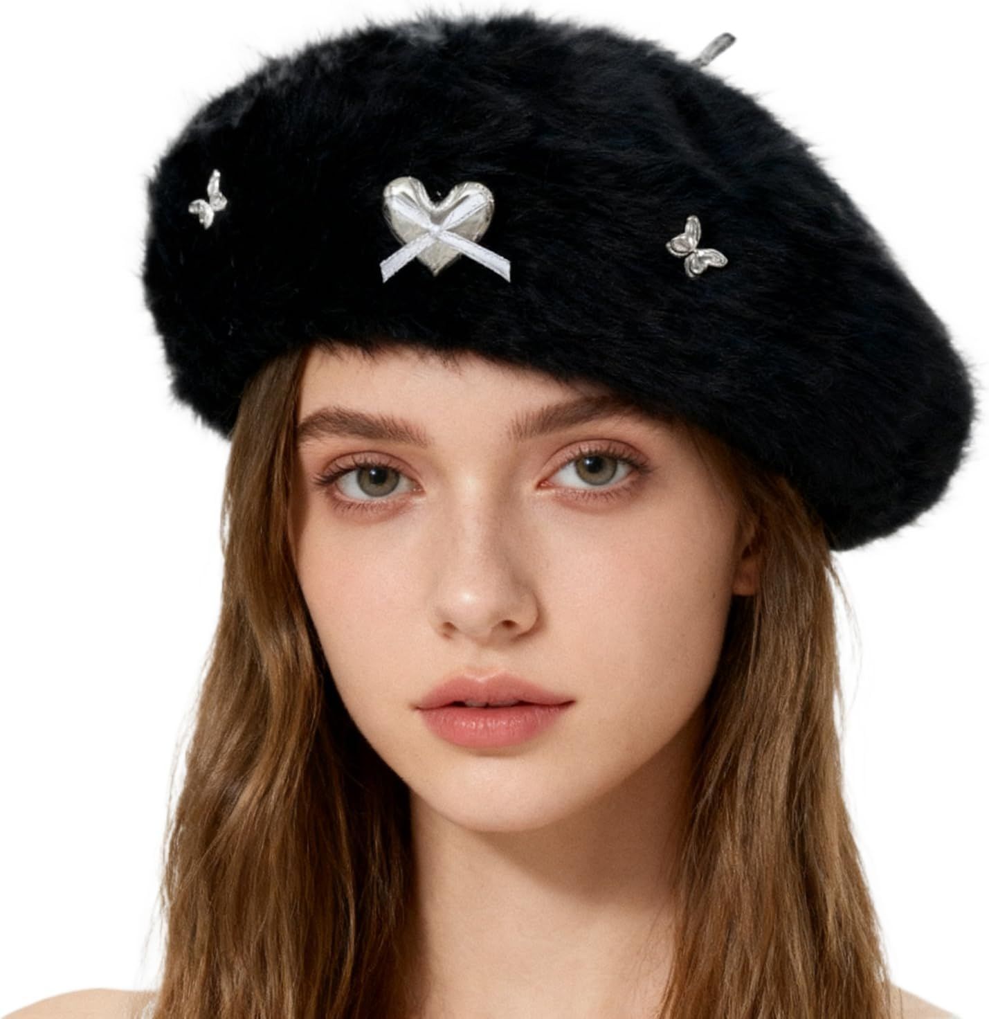 Fuzzy Faux Fur Beret with Heart Bow Butterfly Metal Gems for Women, Winter Atmosphere Artist Hat for A Slim Face Look - Image 1