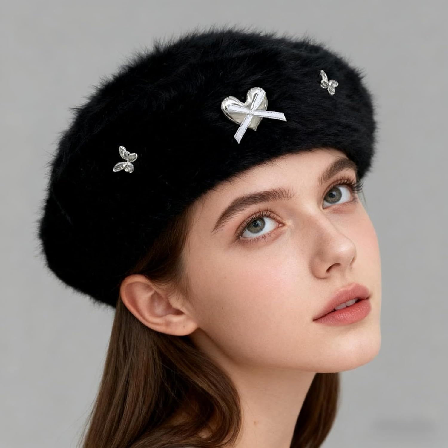 Fuzzy Faux Fur Beret with Heart Bow Butterfly Metal Gems for Women, Winter Atmosphere Artist Hat for A Slim Face Look - Image 2