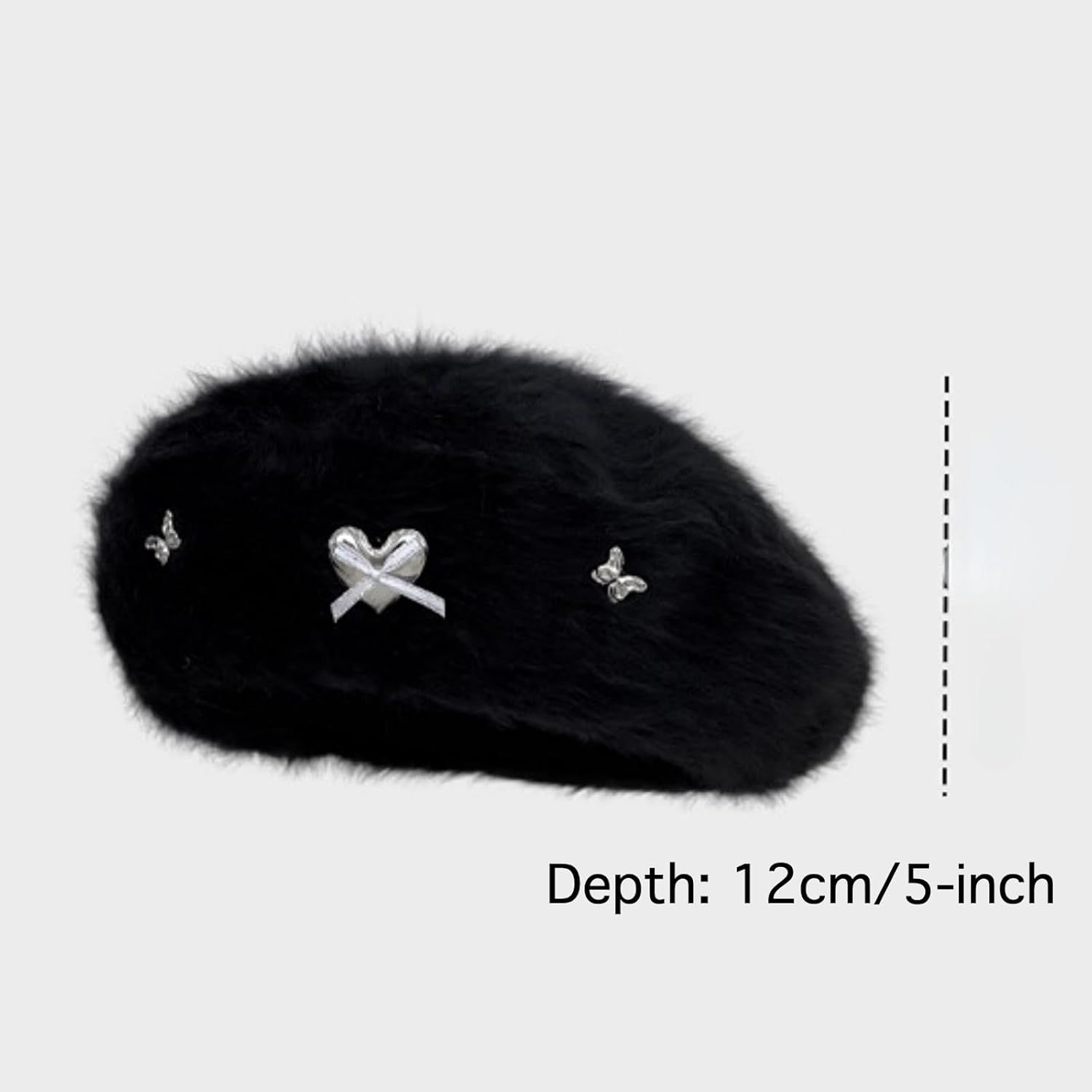 Fuzzy Faux Fur Beret with Heart Bow Butterfly Metal Gems for Women, Winter Atmosphere Artist Hat for A Slim Face Look - Image 3