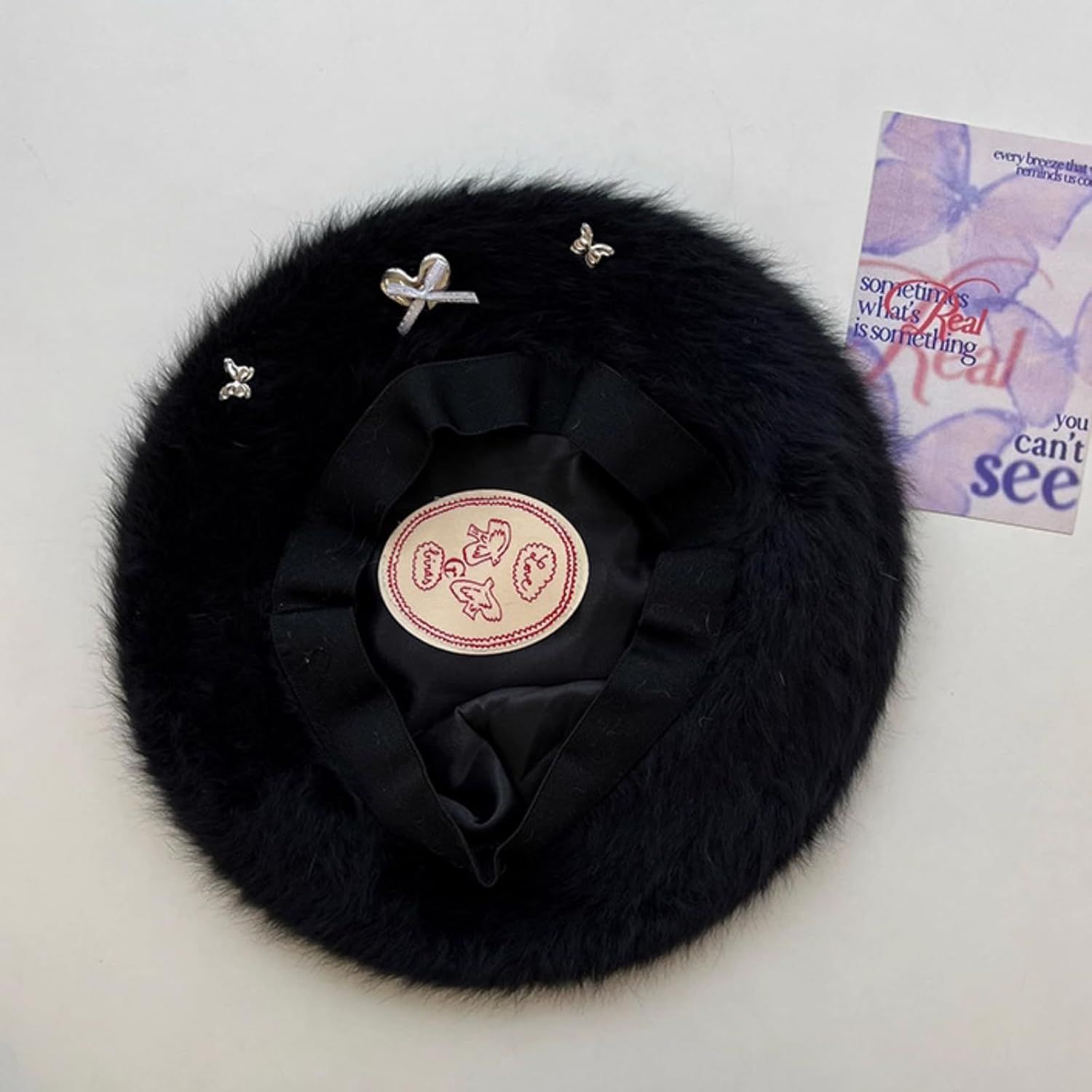Fuzzy Faux Fur Beret with Heart Bow Butterfly Metal Gems for Women, Winter Atmosphere Artist Hat for A Slim Face Look - Image 5