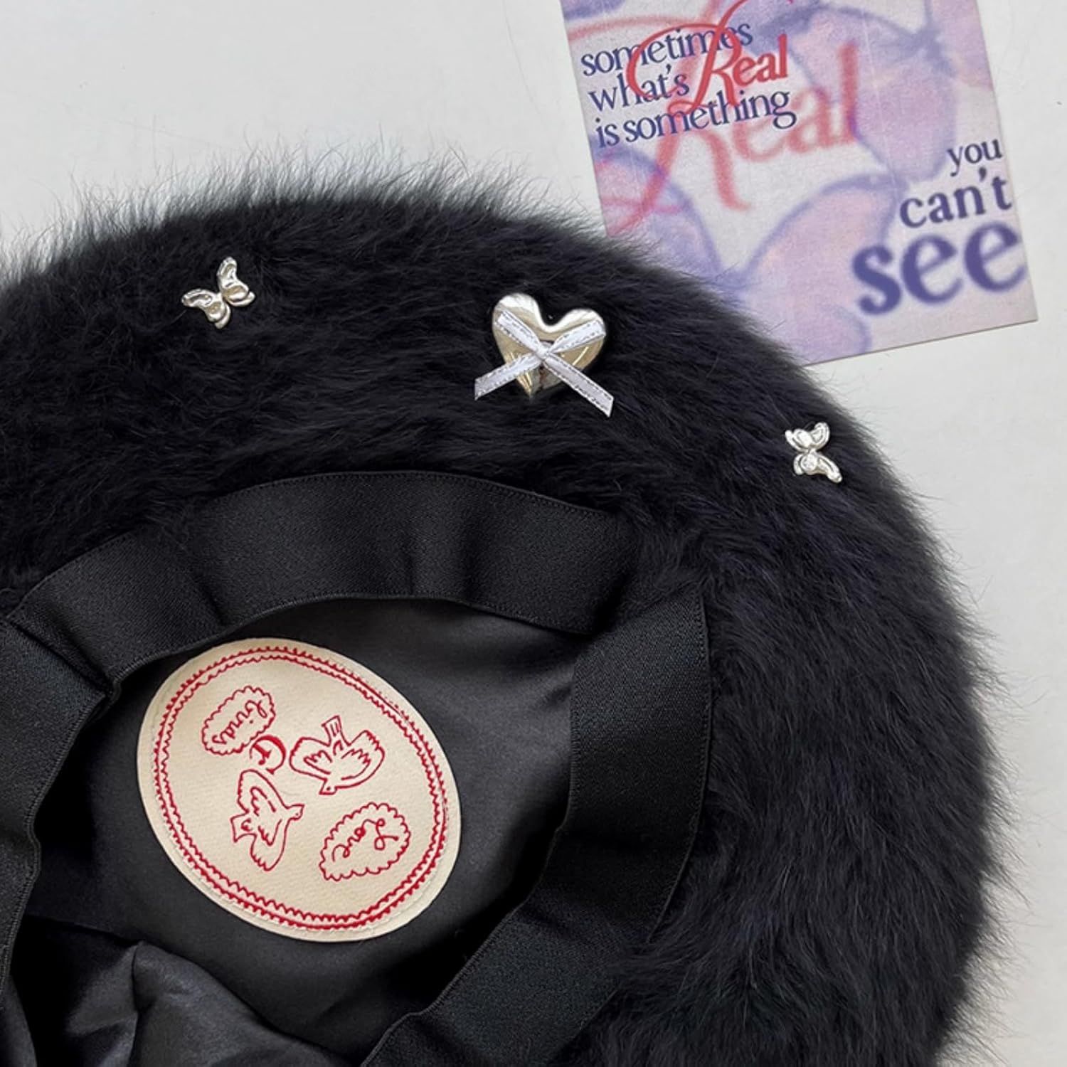 Fuzzy Faux Fur Beret with Heart Bow Butterfly Metal Gems for Women, Winter Atmosphere Artist Hat for A Slim Face Look - Image 6