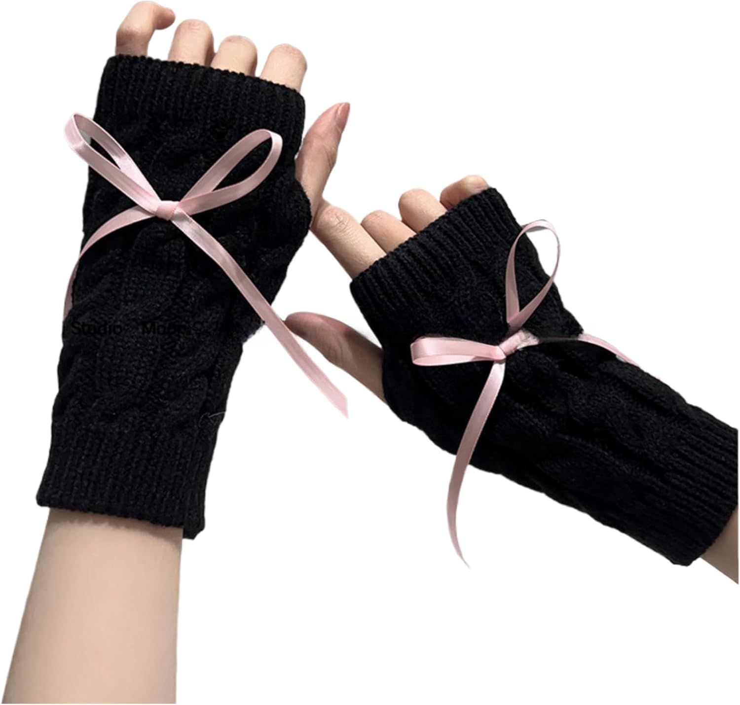 Cable Knitted Hand Warmer Half Finger Mittens with Silky Bowknot, Women's Arm Warmers Sleeve Gloves for Winter - Image 1