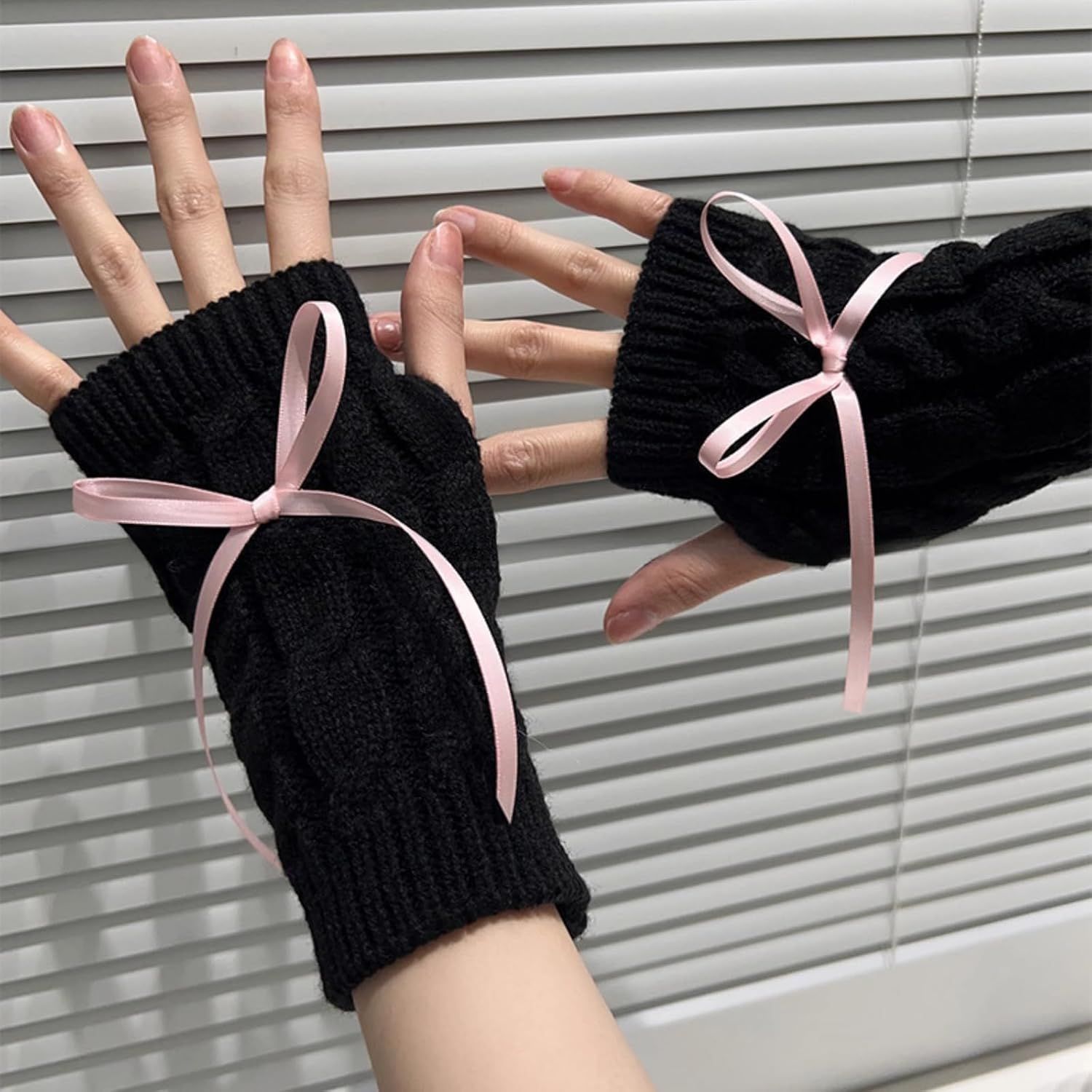 Cable Knitted Hand Warmer Half Finger Mittens with Silky Bowknot, Women's Arm Warmers Sleeve Gloves for Winter - Image 2