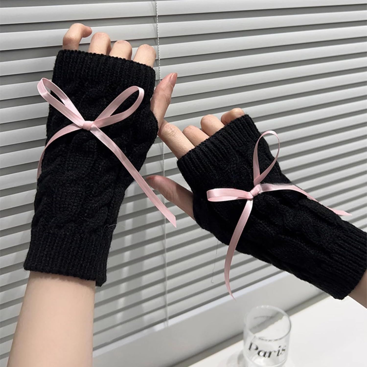 Cable Knitted Hand Warmer Half Finger Mittens with Silky Bowknot, Women's Arm Warmers Sleeve Gloves for Winter - Image 3