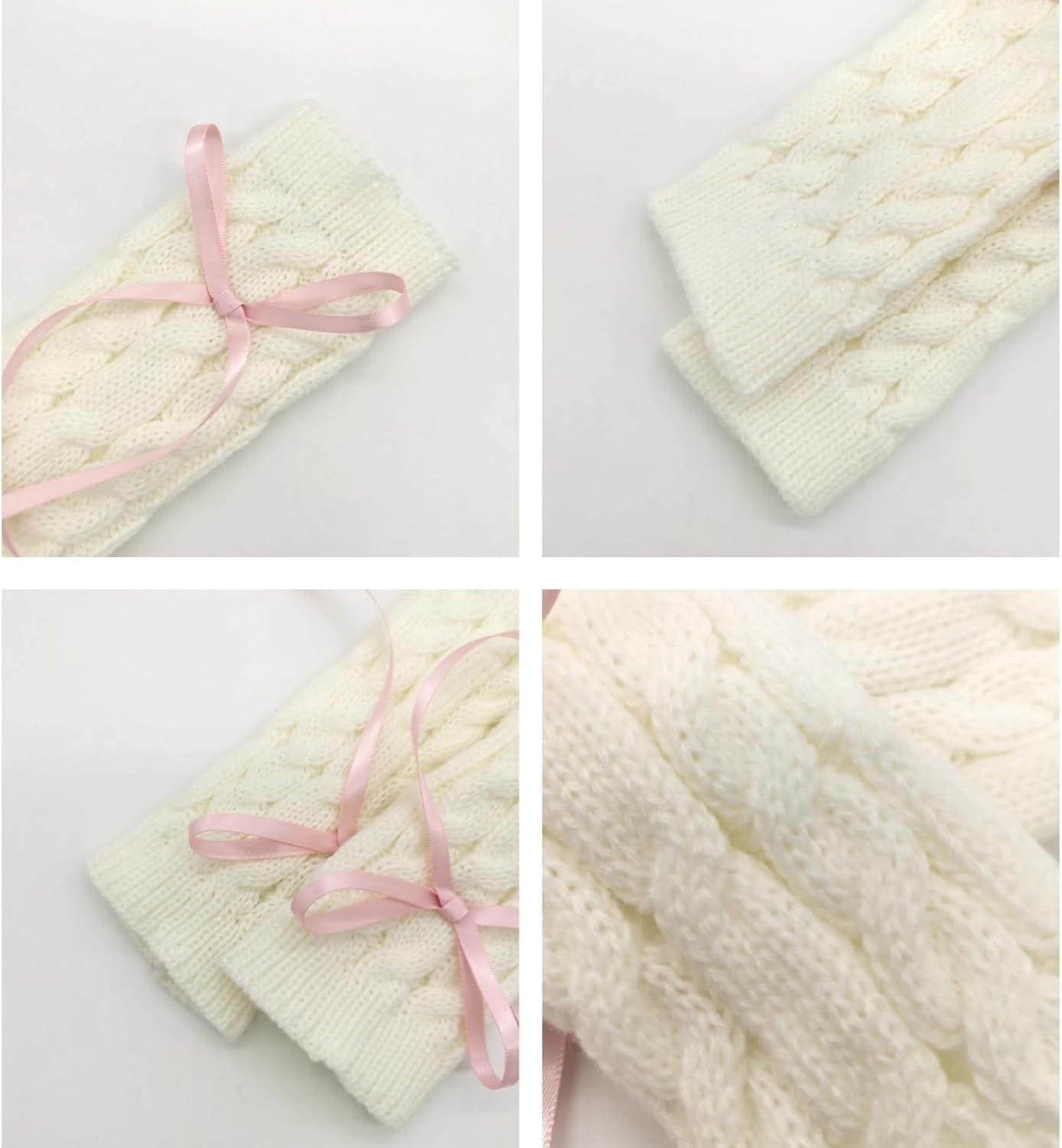 Cable Knitted Hand Warmer Half Finger Mittens with Silky Bowknot, Women's Arm Warmers Sleeve Gloves for Winter - Image 4