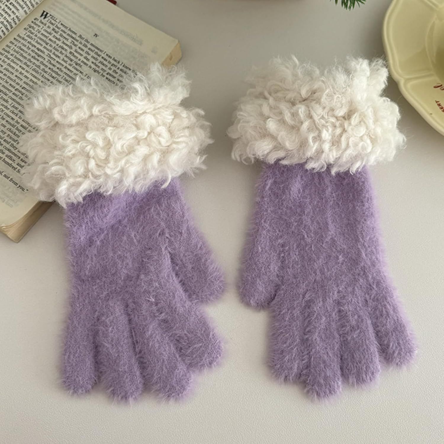Women's Soft Plush Touch Screen Gloves, Cute Winter Warm Knitted Hand Muffs with Index Thumb Finger Holes - Image 2