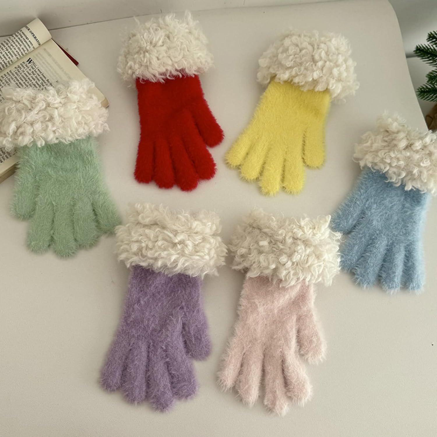 Women's Soft Plush Touch Screen Gloves, Cute Winter Warm Knitted Hand Muffs with Index Thumb Finger Holes - Image 3